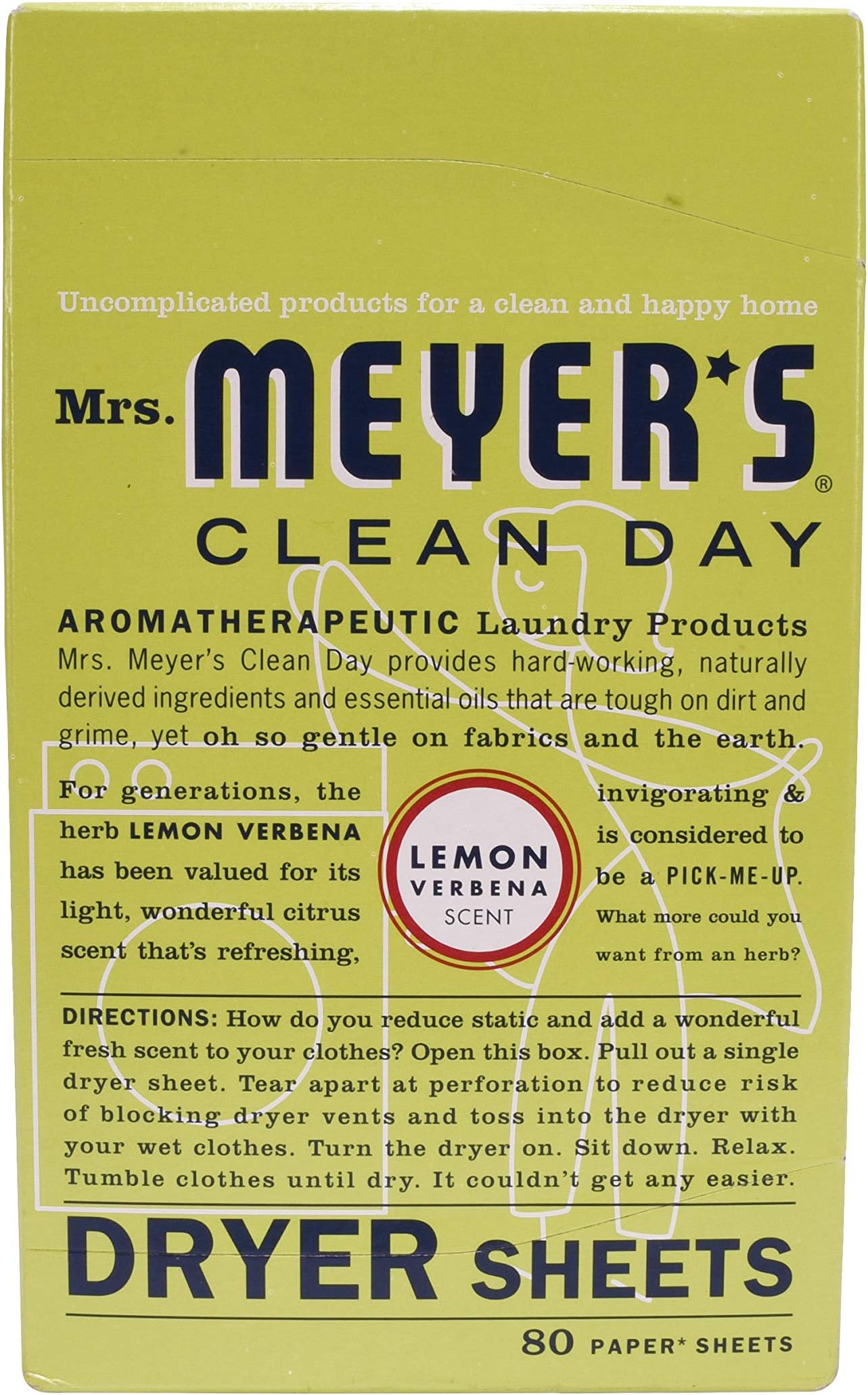 Mrs. Meyer's Dryer Sheets, Fabric Softener, Reduces Static, Infused with Essential Oils, Lemon Verbena, 80 Count