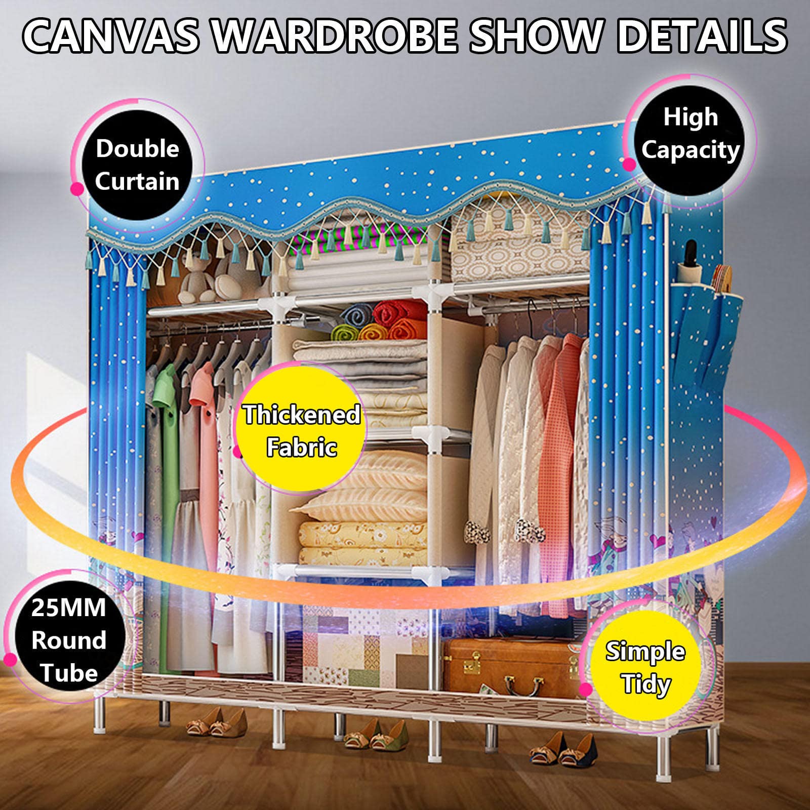 Canvas-Kleiderschrank, tragbare Kleiderschrankregale für Schlafzimmer, faltbarer Kleiderschrank-Aufbewahrungsorganisator mit Kleiderstange und Stoffbezug,B-126x46x172cm