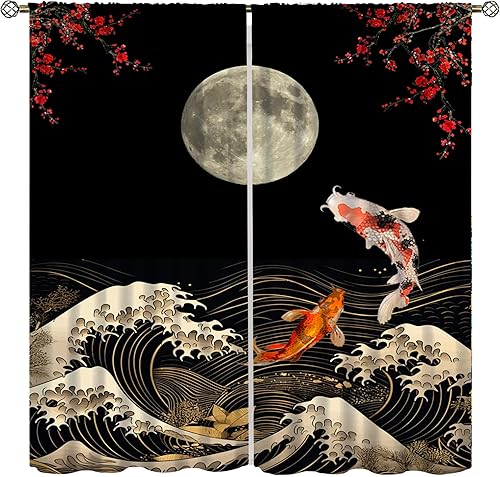 Miniatura 1 de Cortinas de pez Koi para dormitorio, estilo japonés Yin Yang con ondas grandes, tratamientos de ventana de flor de cerezo para sala de estar, juego