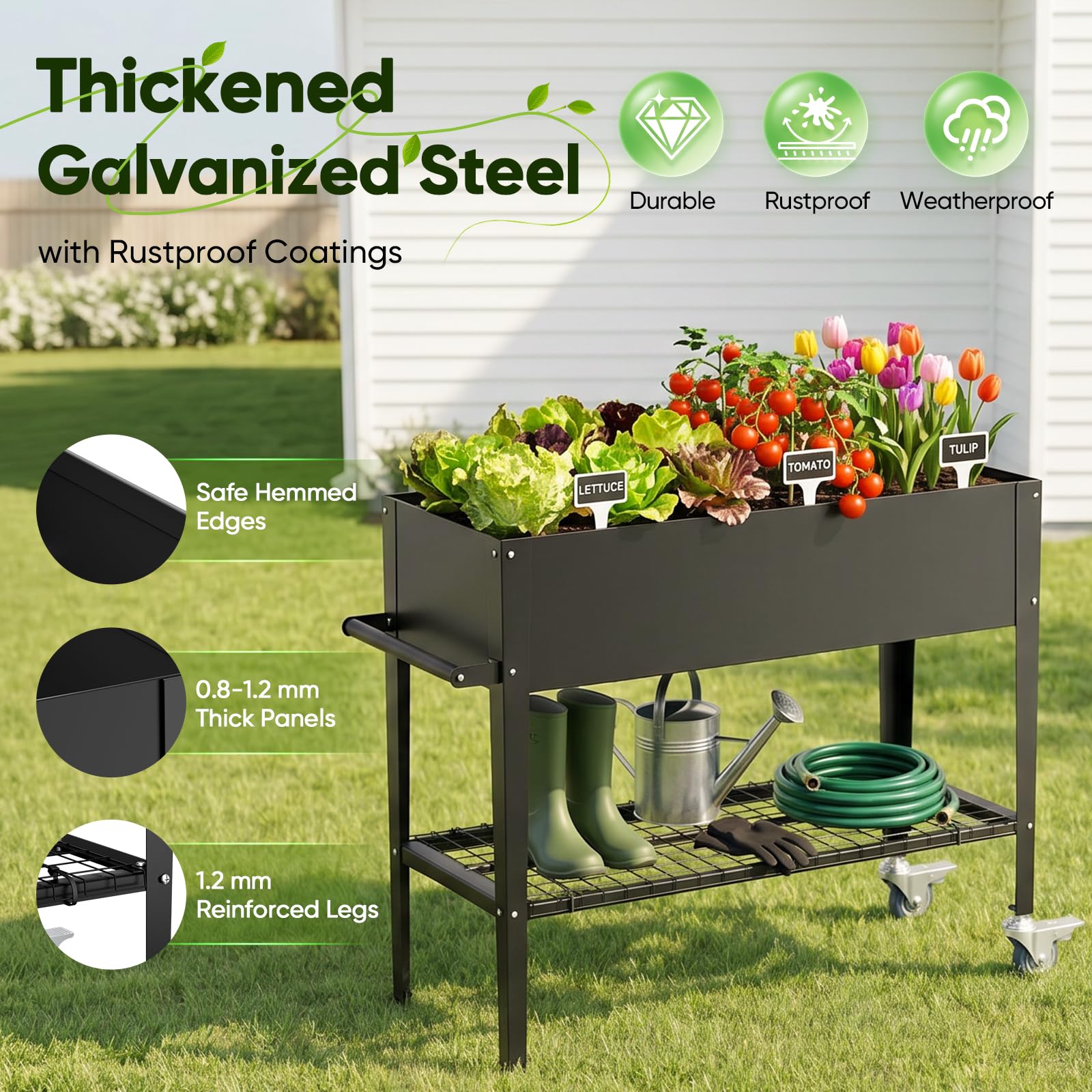 Aiuola rialzata in metallo con ruote e ripiano, 111 x 57 x 79 cm, fioriera da giardino con inserto, fori di drenaggio e attrezzi, aiuola per verdure, vaso per erbe aromatiche per il giardino del