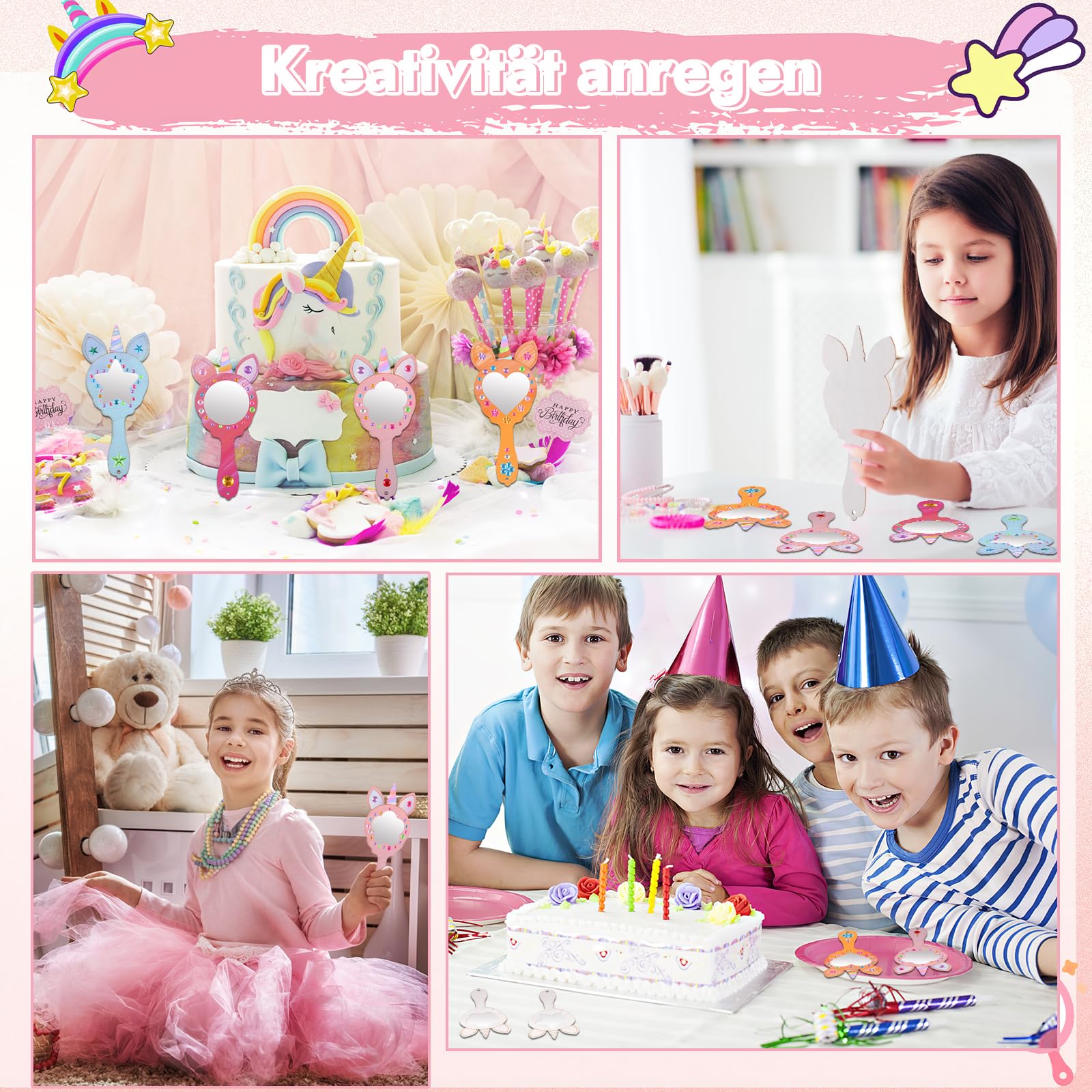 Drewniane lustro "zrób to sam", 28 sztuk, zestaw do majsterkowania na urodziny dziecka z 12 drewnianymi lustrami do malowania dla dzieci, 12 kolorowych kredek, 4 naklejki ze strasu, do majsterkowania