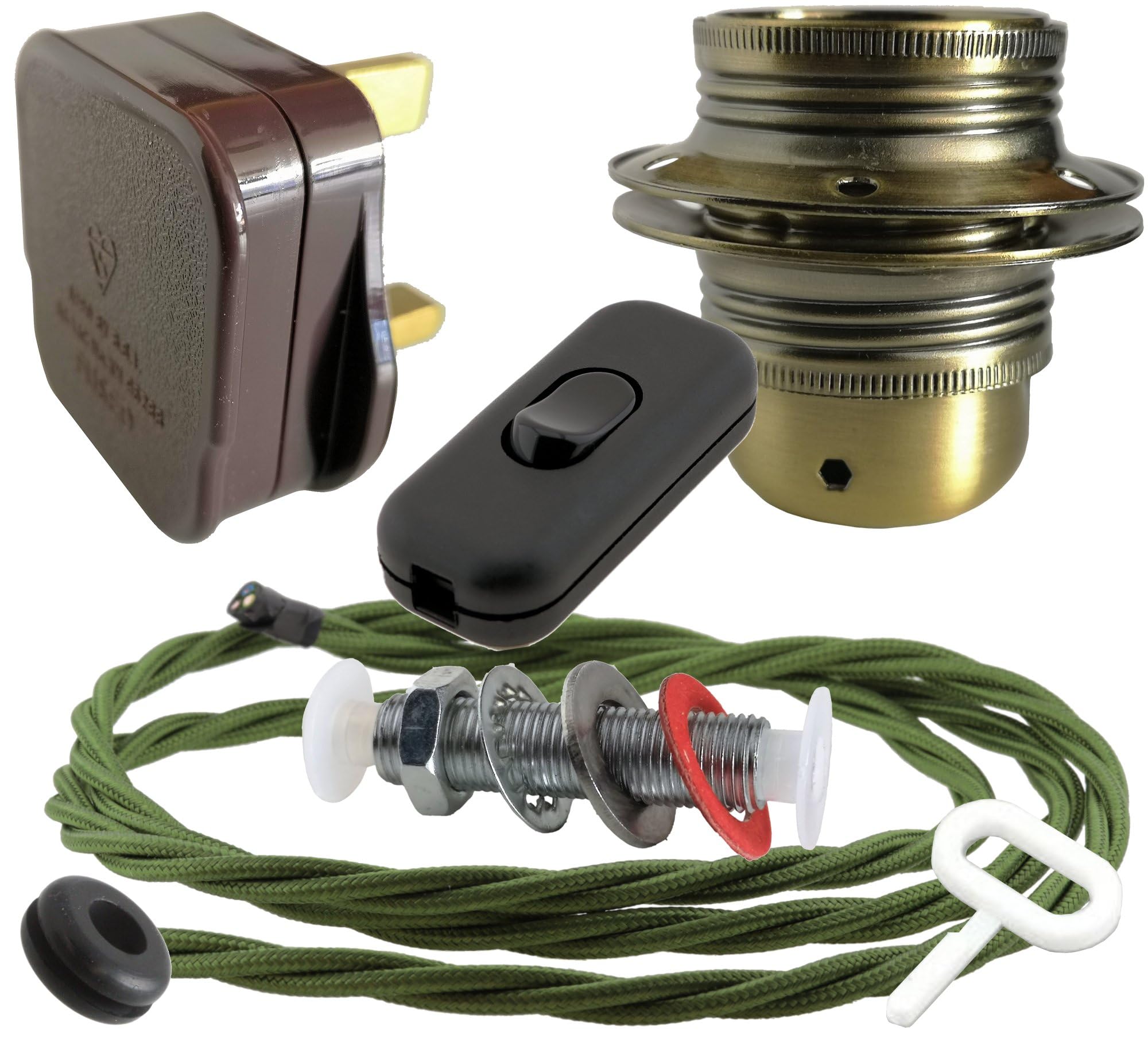 Art Deco Emporium Lamp Repair and Service Kit|Brown Plug|Green Flex|Black Switch|E27 Antique Brass Finish Lamp Holder Holder โ image 1