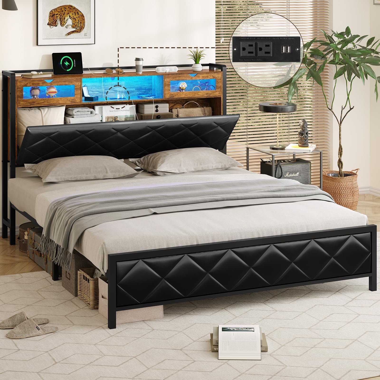 DICTACQueen LED Bed Frame with Bookcase Storage Headboard, Charging Station,Hidden Storage Space Metal Platform Bed Frame with Storage Shelves & LED Lights,Faux Leather,Heavy Duty Metal Slats,Black
