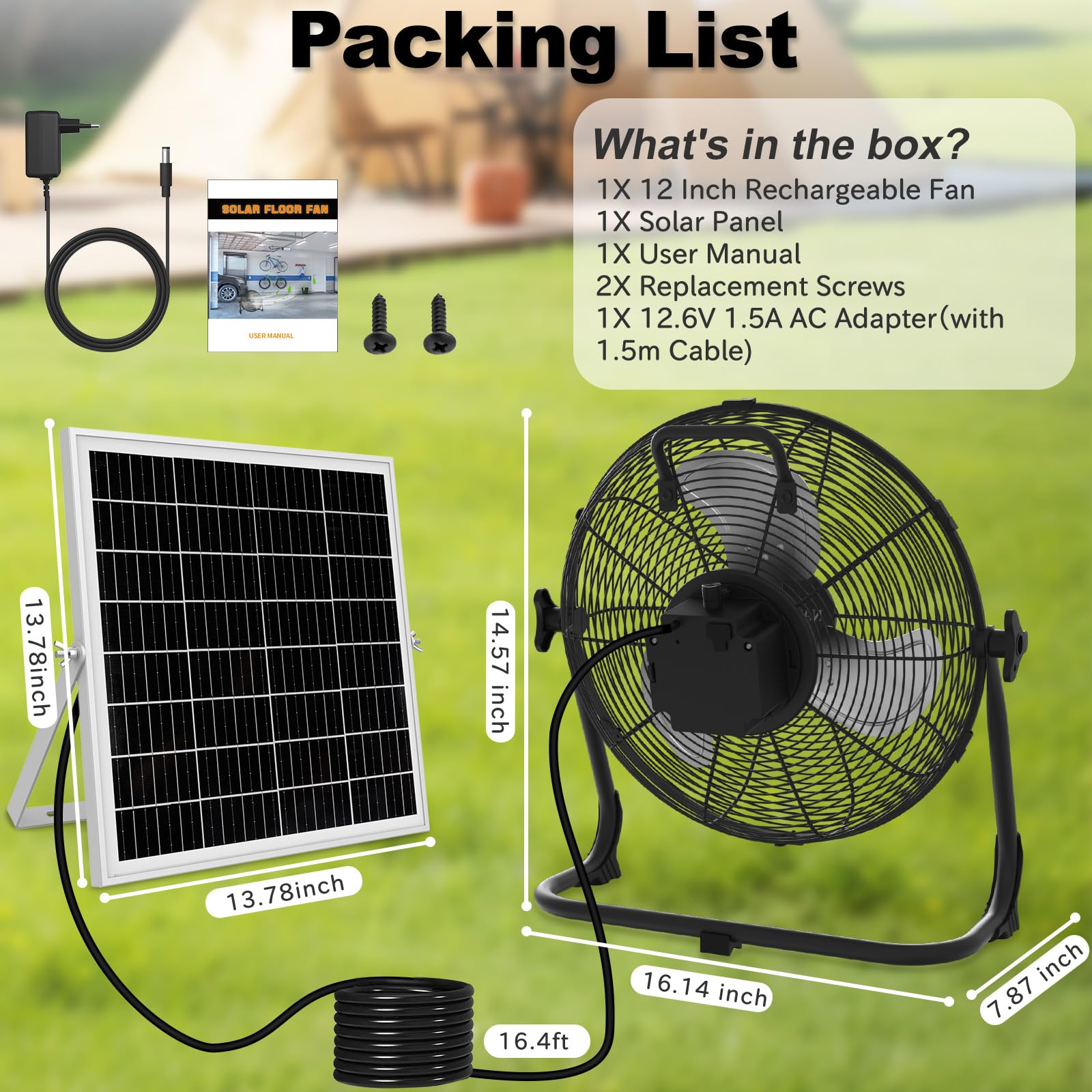 NATPOW Ventilador de Suelo Solar, 30cm Ventilador con Panel Solar, Potente y Silencioso, 13200 mAh, Hasta 27H, Équipé de ports USB, Idéal pour Camping, Plage, Chantiers, Patio, Invernadero, Interior