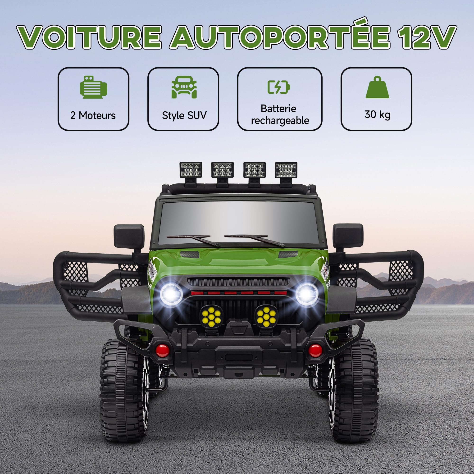 AIYAPLAY Samochód elektryczny dla dzieci UTV 3 prędkości 2 silniki 12 V zielony | Elektryczny buggy dla dzieci 3-5 lat, pilot 2,4G, muzyka, klakson, światła LED, powolny start, wiszące koła