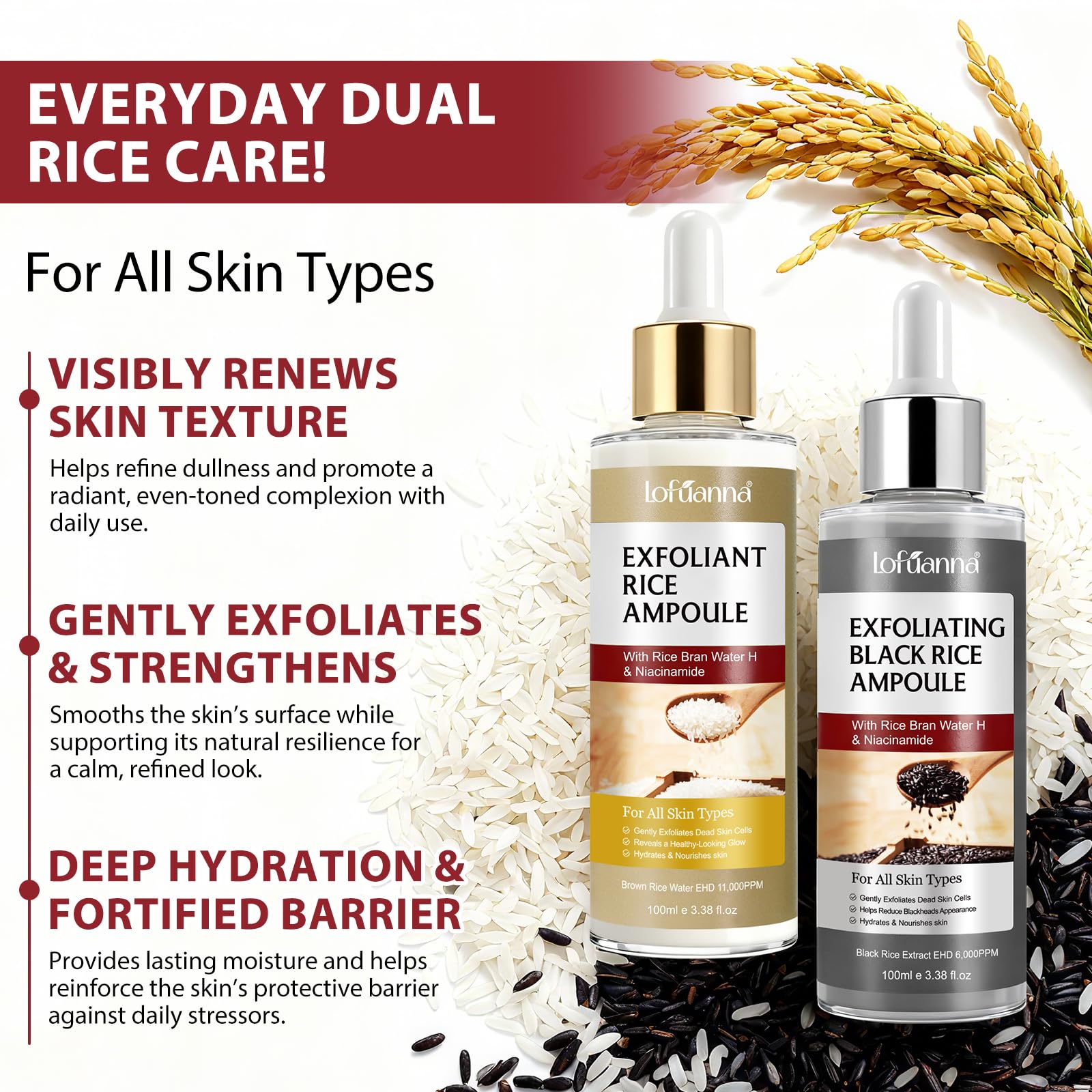 Sérum Exfoliant Visage au Riz Blanc 100ml + Riz Noir 100ml, Peeling Visage Doux AHA BHA VB3, Élimine Peaux Mortes, Affine le Grain de Peau, Réduit Pores, Éclat & Hydratation, Soin Coréen,Toute la Peau