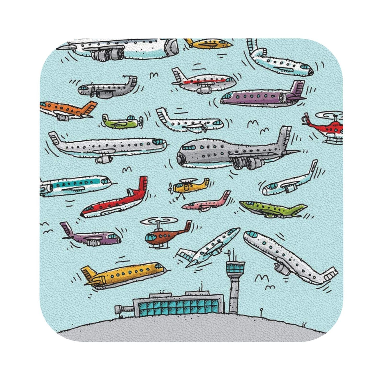 Cartoon Airplane PU Leather Coasters Set of 6 Square Drink Coasters