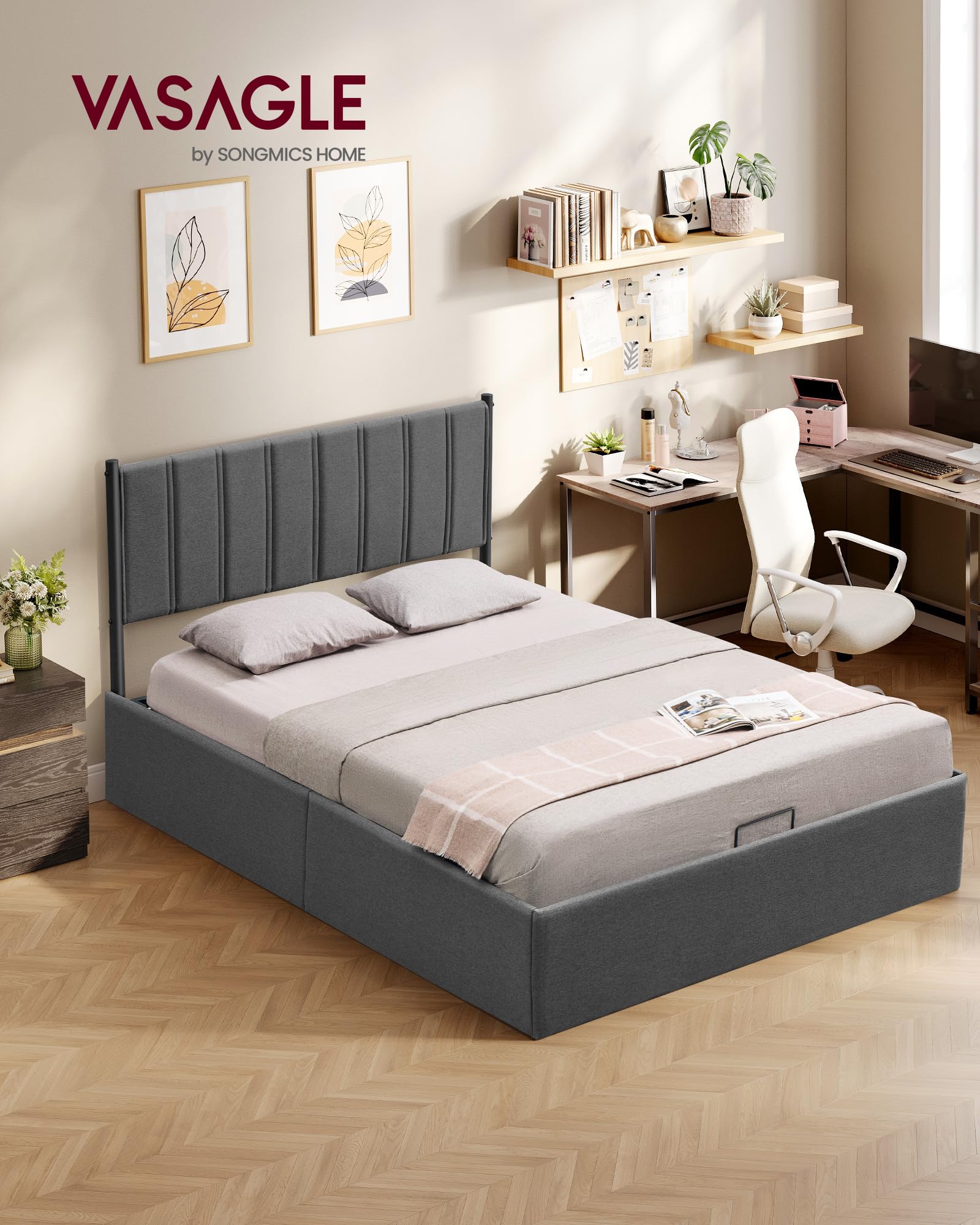 VASAGLE Struttura Letto, 140 x 200 cm, Letto Sollevabile con Contenitore, Testiera, Sollevamento Idraulico, Moderno e Semplice, Montaggio Facile, Grigio Scuro RMB614G02