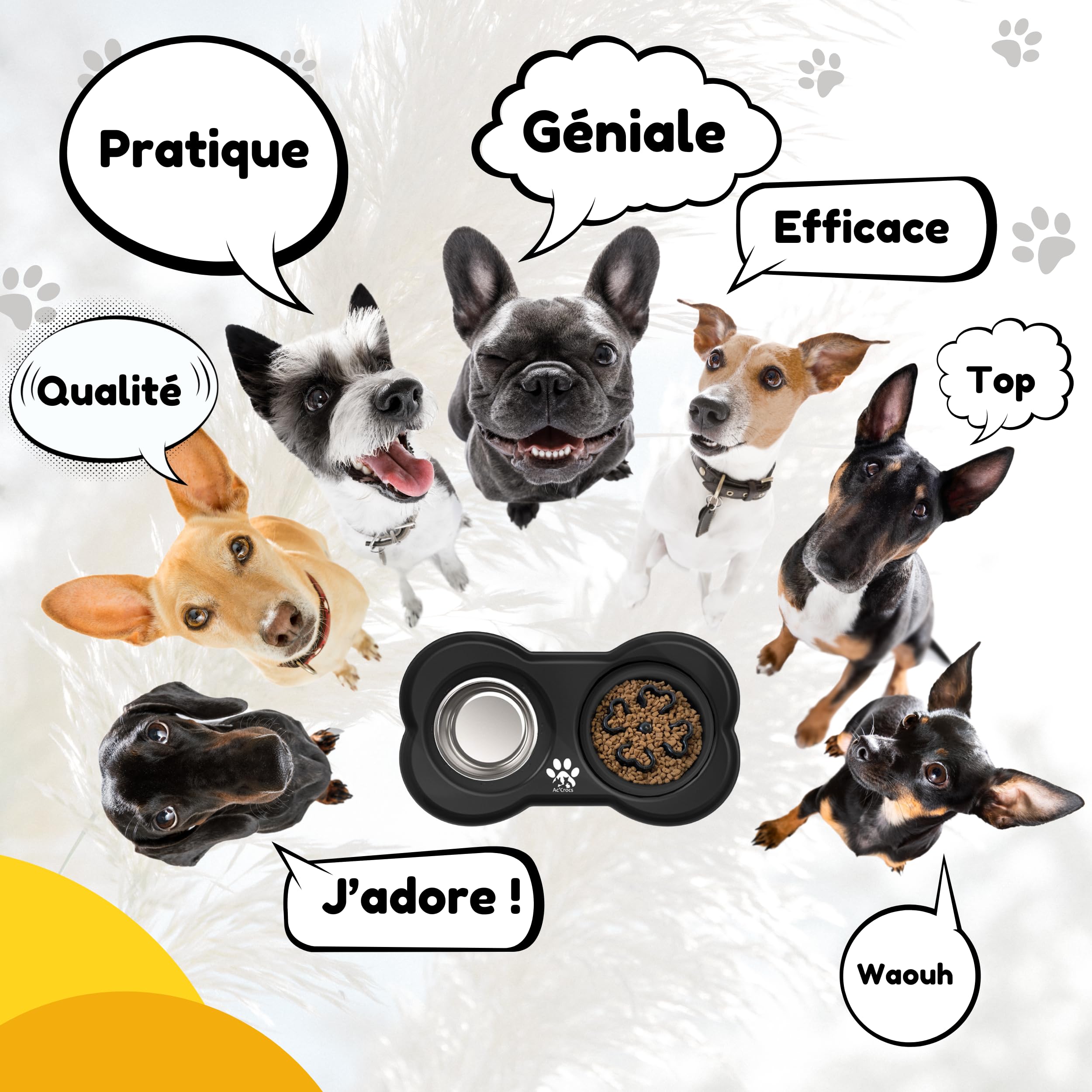Ac'Crocs,Ciotola per cani 4 in 1: tappetino antiscivolo, anti-fuoriuscita, anti-ribaltamento, doppia ciotola in acciaio inox! Per cani di medie e grandi dimensioni + 1 Frisbee in omaggio