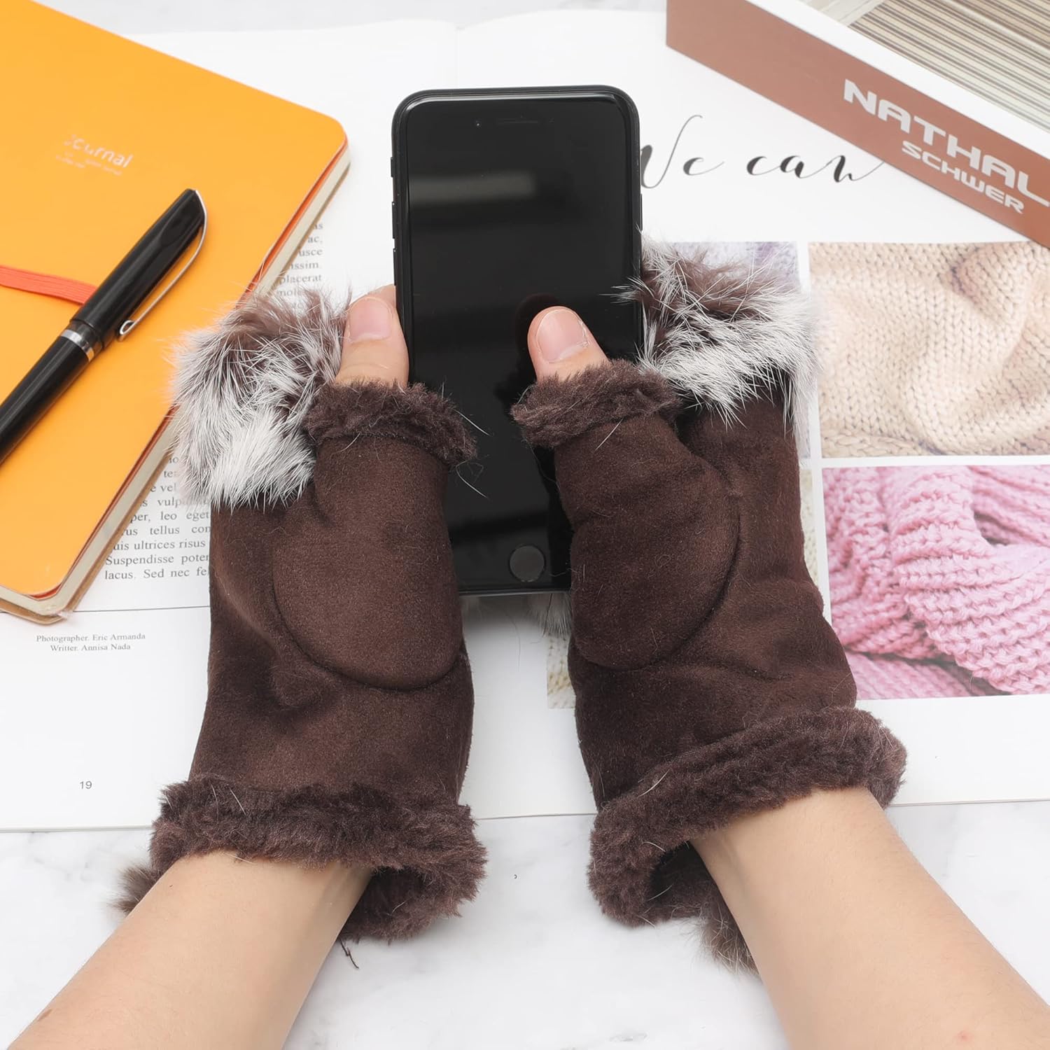 ZLYC Women Teen Classic Winter Warm Rabbit Fur Hands Wrist Fingerless Gloves Mittens - Image 3