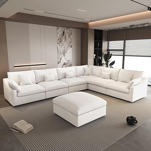 Miniatura 28 de WJShome - Sofá seccional modular en forma de nube para sala de estar, sofá de 160" con relleno de plumón en forma de U con otomano, sofás