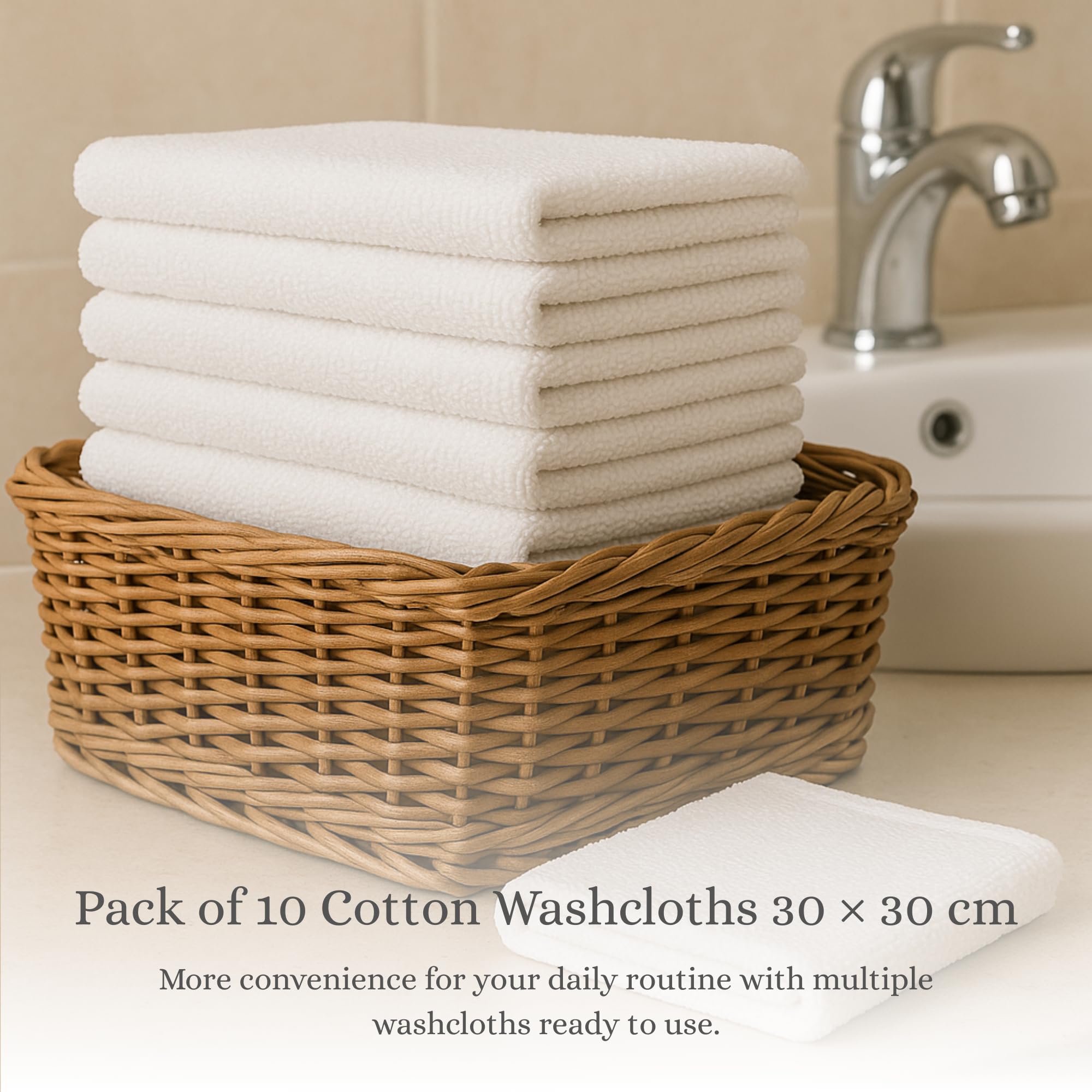 Pack 10 Toallitas Blancas 30x30 cm de Algodón Absorbente - Paños Suaves para Rostro y Manos, Secado Rápido, Tamaño Compacto para Lavabo y Baño, Textil Duradero Lavable