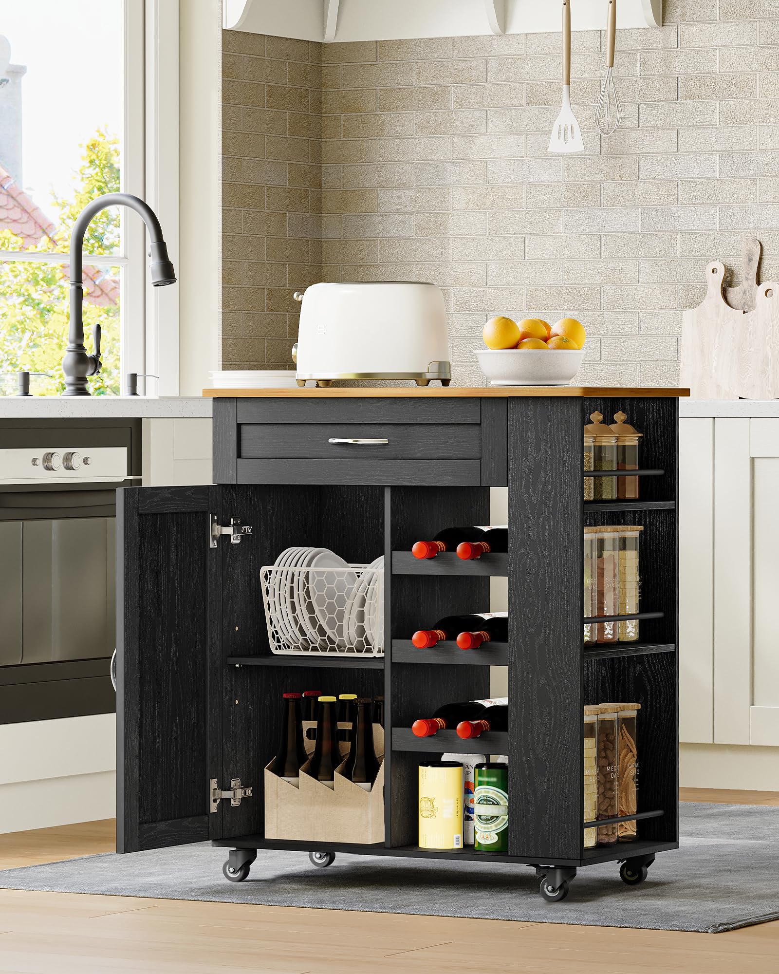 Hzuaneri Servierwagen, Küchenwagen mit Rädern, Weinregal, Kücheninsel, Kochinsel, Küchenregal stehend Möbel, Rollwagen, für Küche, Wohnzimmer und Esszimmer, 68 × 86 × 40 cm, Schwarz ST03004B