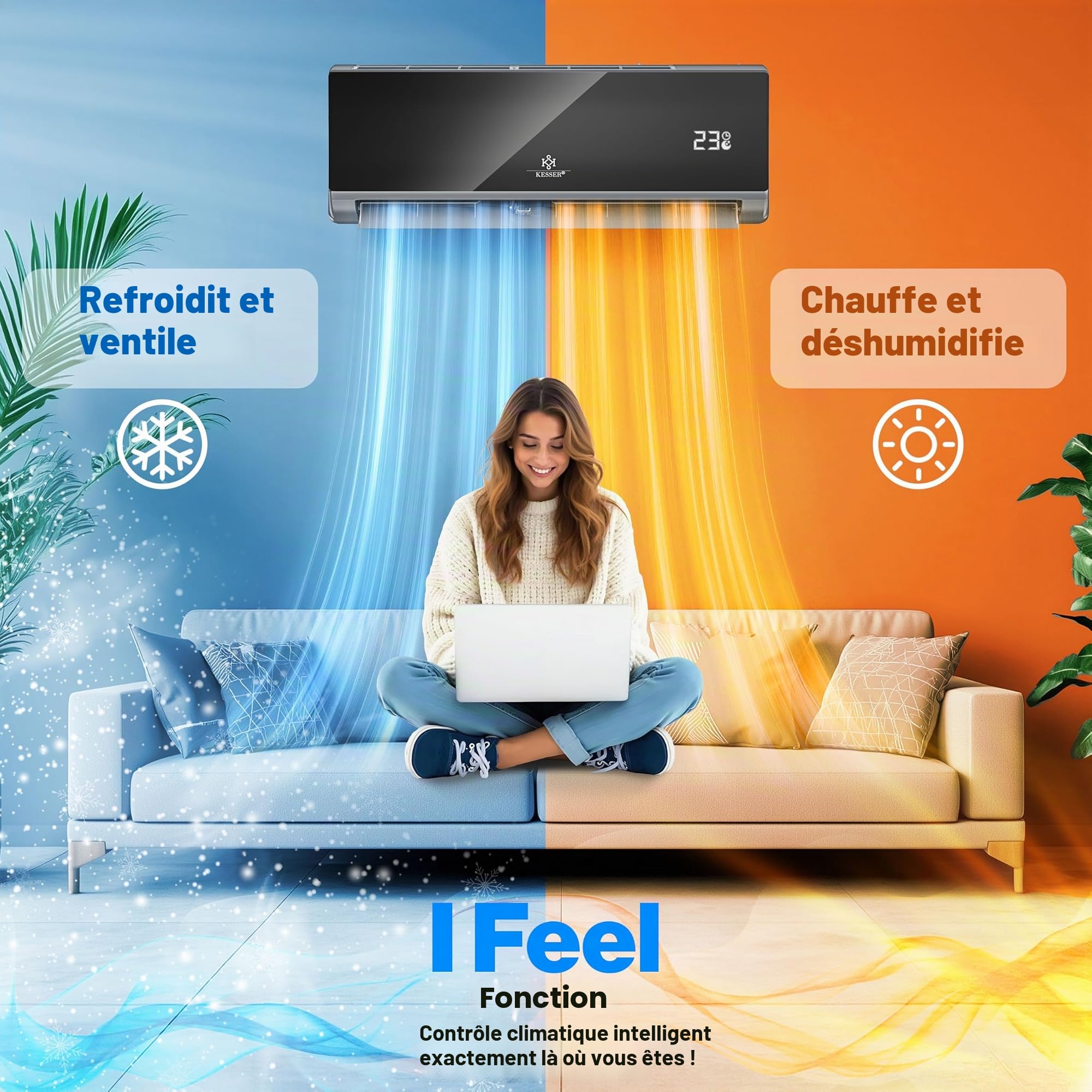 KESSER® Climatiseur Split Quick Connect - WiFi & App - Climatiseur avec fonction chauffage et mode refroidissement - Climatiseur mural - Avec câble en cuivre 12000 BTU 3,4 kW - Réfrigérant R32