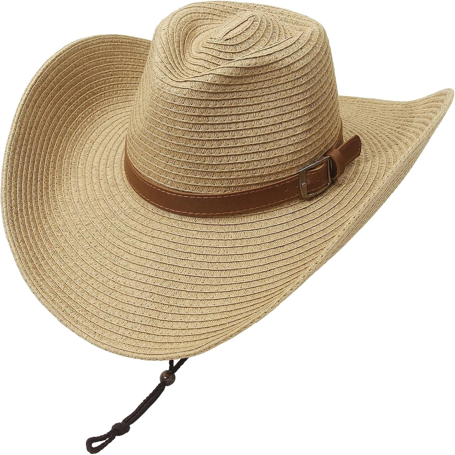 Wuufake Packable Oversized Brim Sun Hat for Women Men Beach Cowboy Cowgirl Hat with Chin Strap 5.12 Inch, Light Coffee