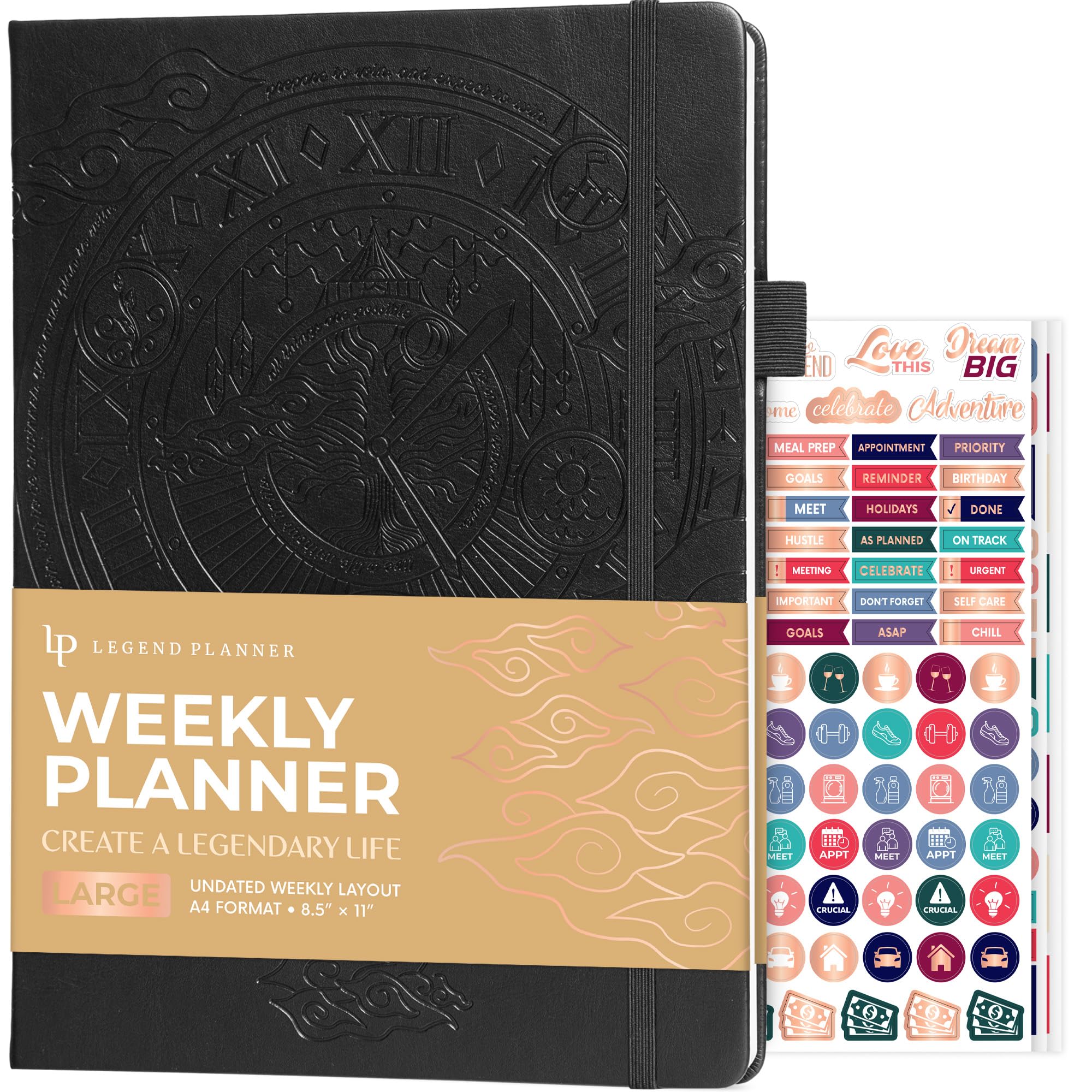Legend Undated Weekly Planner Large – Goal Planner Journal & Organizer Notebook – Agenda Book with Monthly Calendar, 8.5x11” (Black)