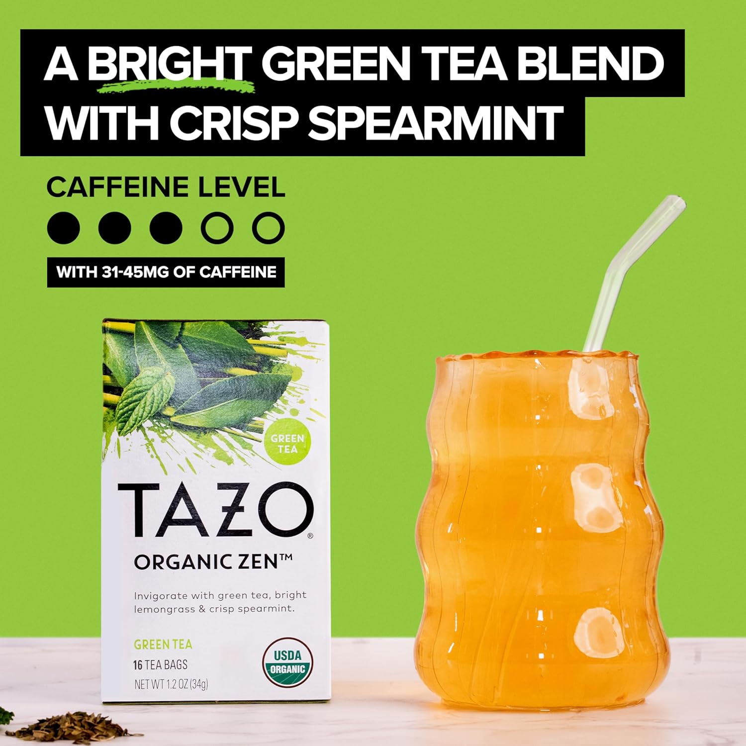 TAZO Organic Zen Green Tea Bags, Caffeine Free Tea with Refreshing Lemongrass & Spearmint, 96 Total Tea Bags (16ct - Pack of 6)