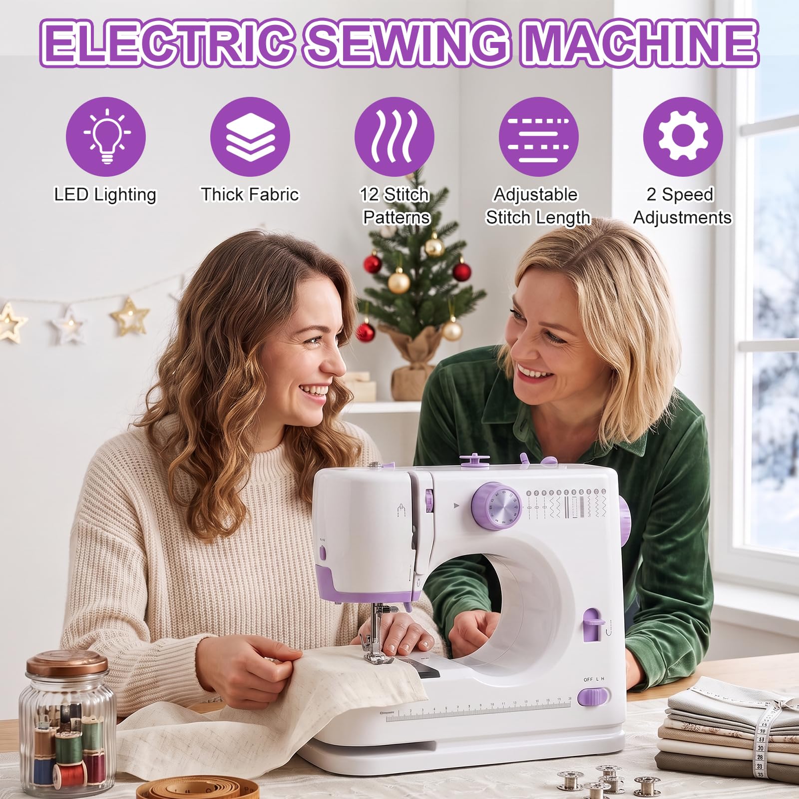 Machine à Coudre Portable Débutant, Qoosea 12 Point Sewing Machine Violet