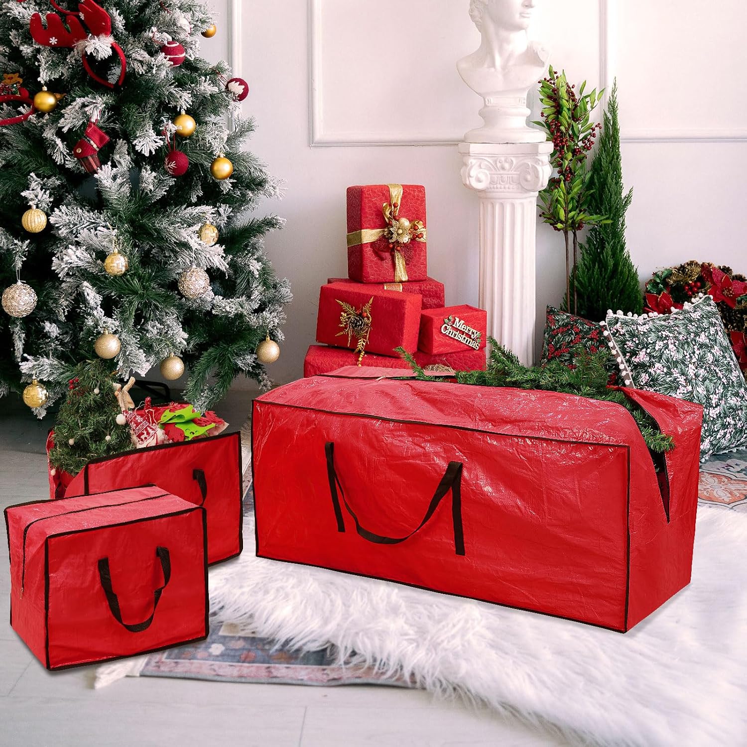 RICHIE Heavy Duty 9 Ft Christmas Tree Storage Bag - Large Waterproof Plastic Storage Bag & Container for Artificial Trees, Holiday & Xmas Decorations - 3-Piece Set with Reinforced Carry Handles - Red