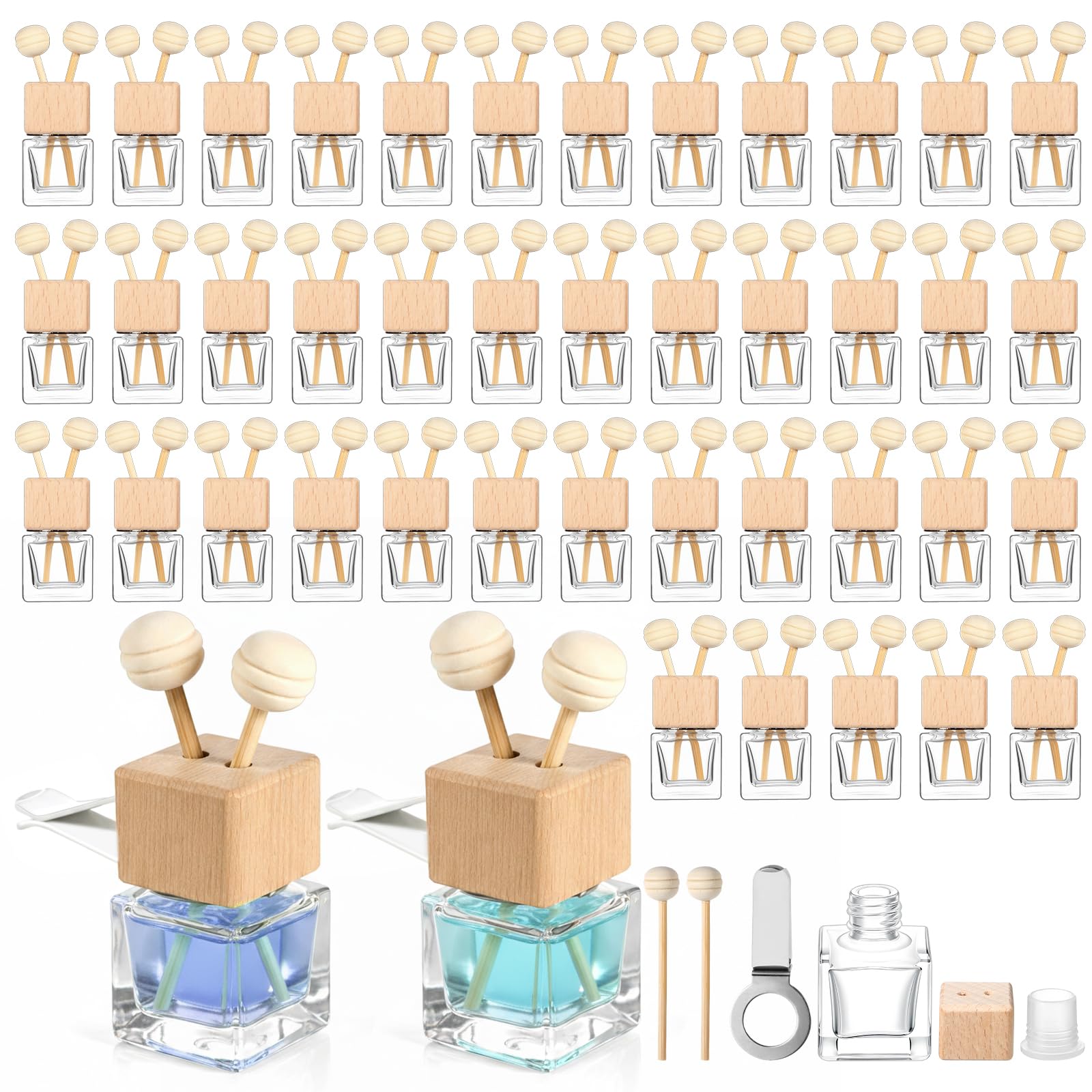 50 Pack Car Air Freshener Diffuser with Vent Clip, Clear Glass Perfume Bottle, Car Diffuser Bottles Empty Bulk for Essential Oil Perfume Glass Bottle with Wooden Caps Stick, for Auto Fragrance
