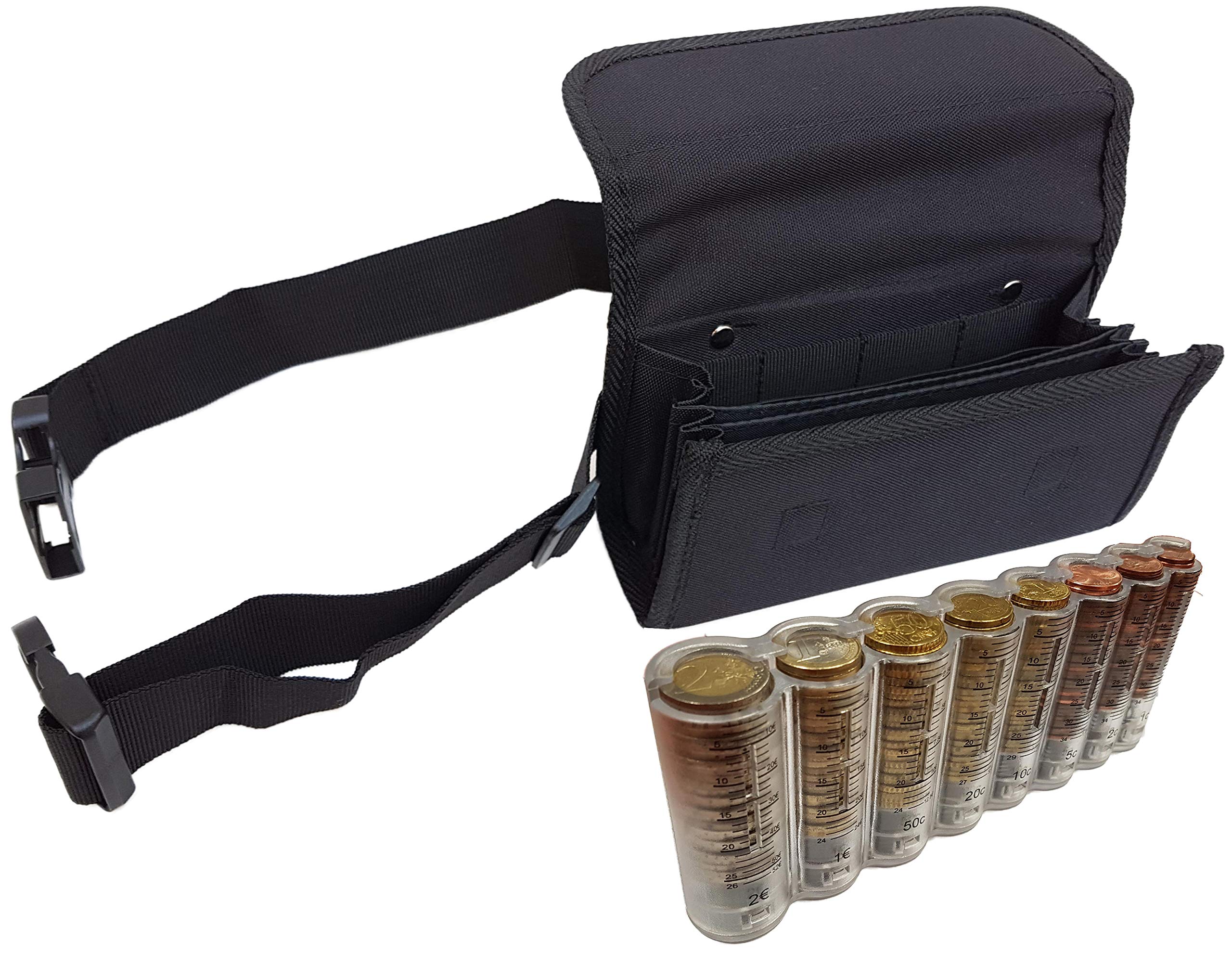 Riñonera de Camarero de Lona Negra, Monedero de Camarero,1 Bolsillo Zip Interior, Incluido Dispensador/Distribuidor/Clasificador para Monedas de Euros, Cierre Magnético