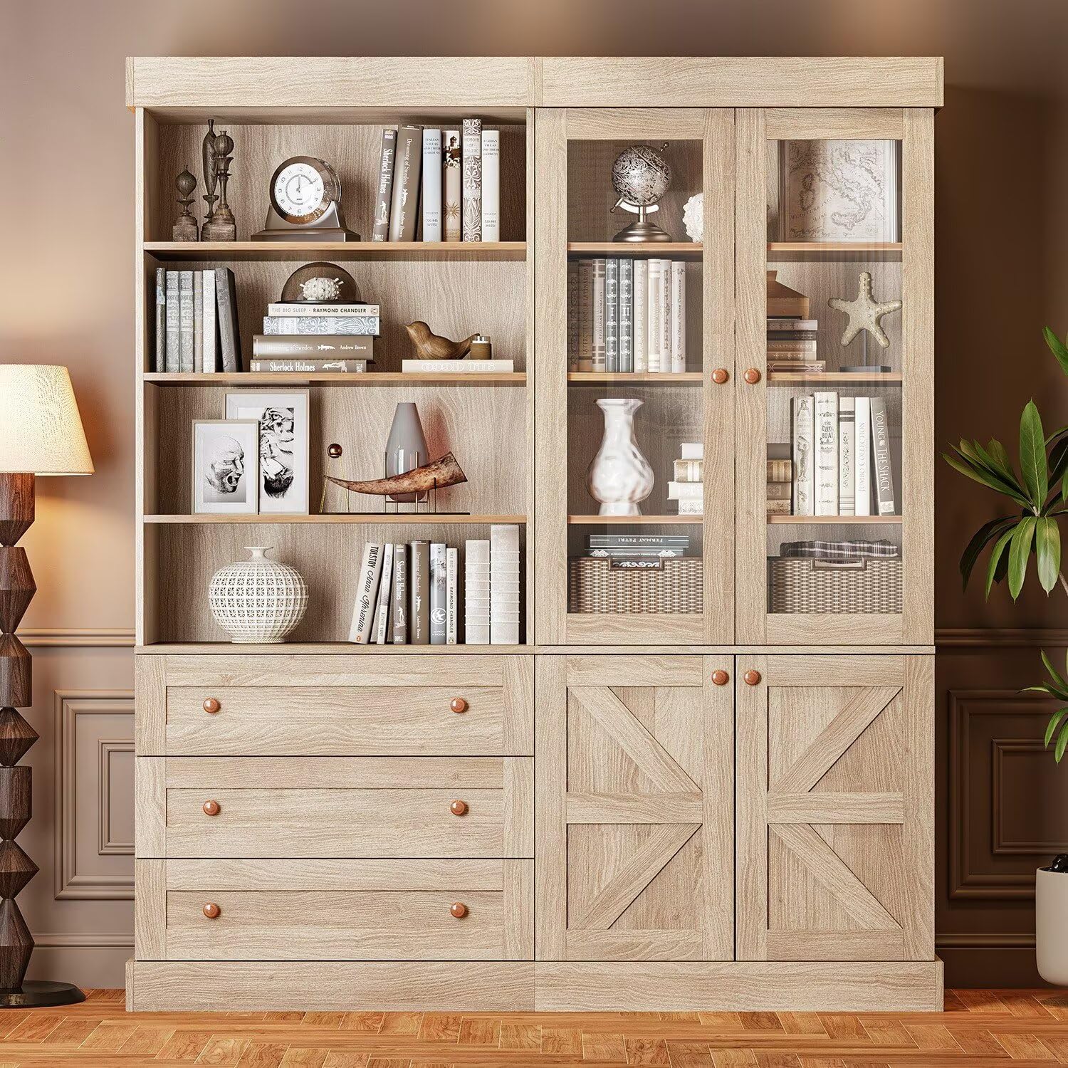 ivaniti 71" Tall Farmhouse Bookcase with Glass Doors &amp; Drawers, Rustic Brown Wooden Storage Cabinet with Adjustable Shelves, Set of 2 – Ideal for Living Room, Kitchen, Home Office, and Dining Room
