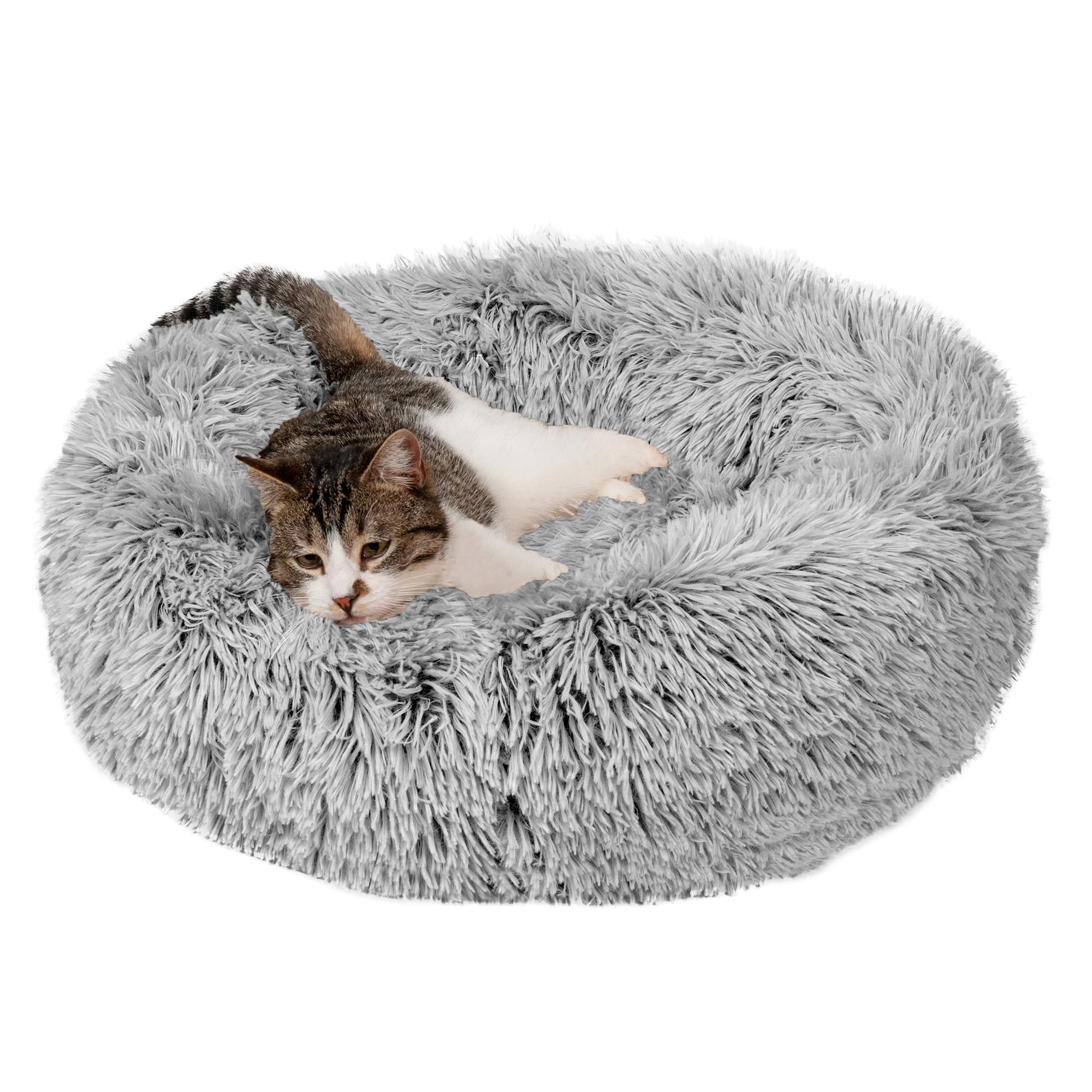 Furhaven 23" Round Small Donut Dog Bed Plush Long Faux Fur Calming Cuddler, Washable - Mist Gray, Small โ image 1