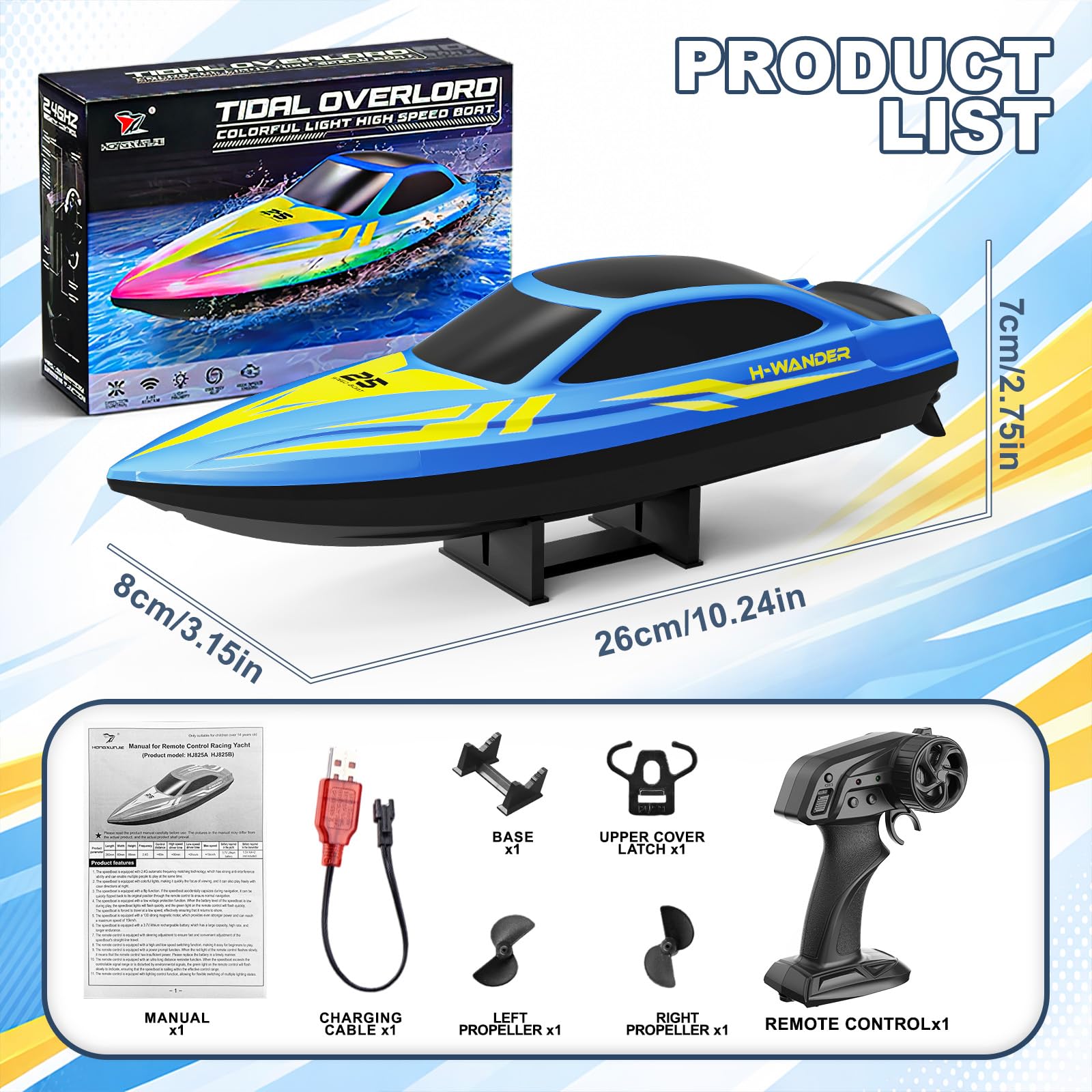 Ferngesteuertes Boot mit LED Beleuchtung, 2.4 GHz RC Boot, 15 km/h, Auto-Flip, 2 Akkus, Blau