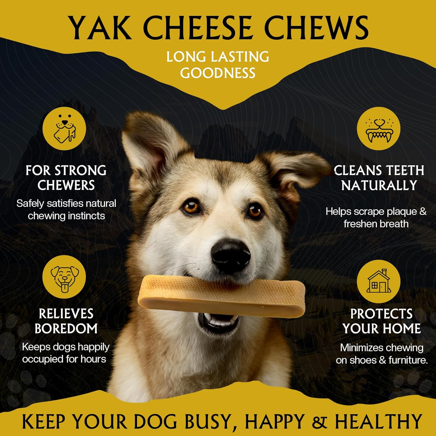 Himalayan Yak Cheese Dog Chews - All Natural, Long Lasting, High Protein, Odor-Free, Grain & Lactose Free, Healthy Dental Treats for Aggressive Chewers (Large - 4 Chews, Original)