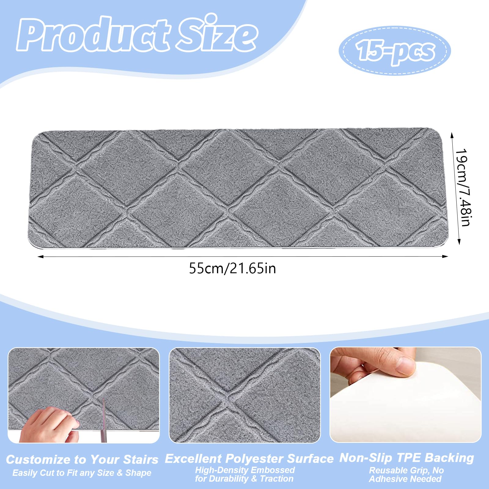 15 Tappetini Antiscivolo Per Scale – 55x19 Cm In Poliestere, Adesivi TPR, Lavabili E Riutilizzabili, Ideali Per Anziani E Bambini (Nero)