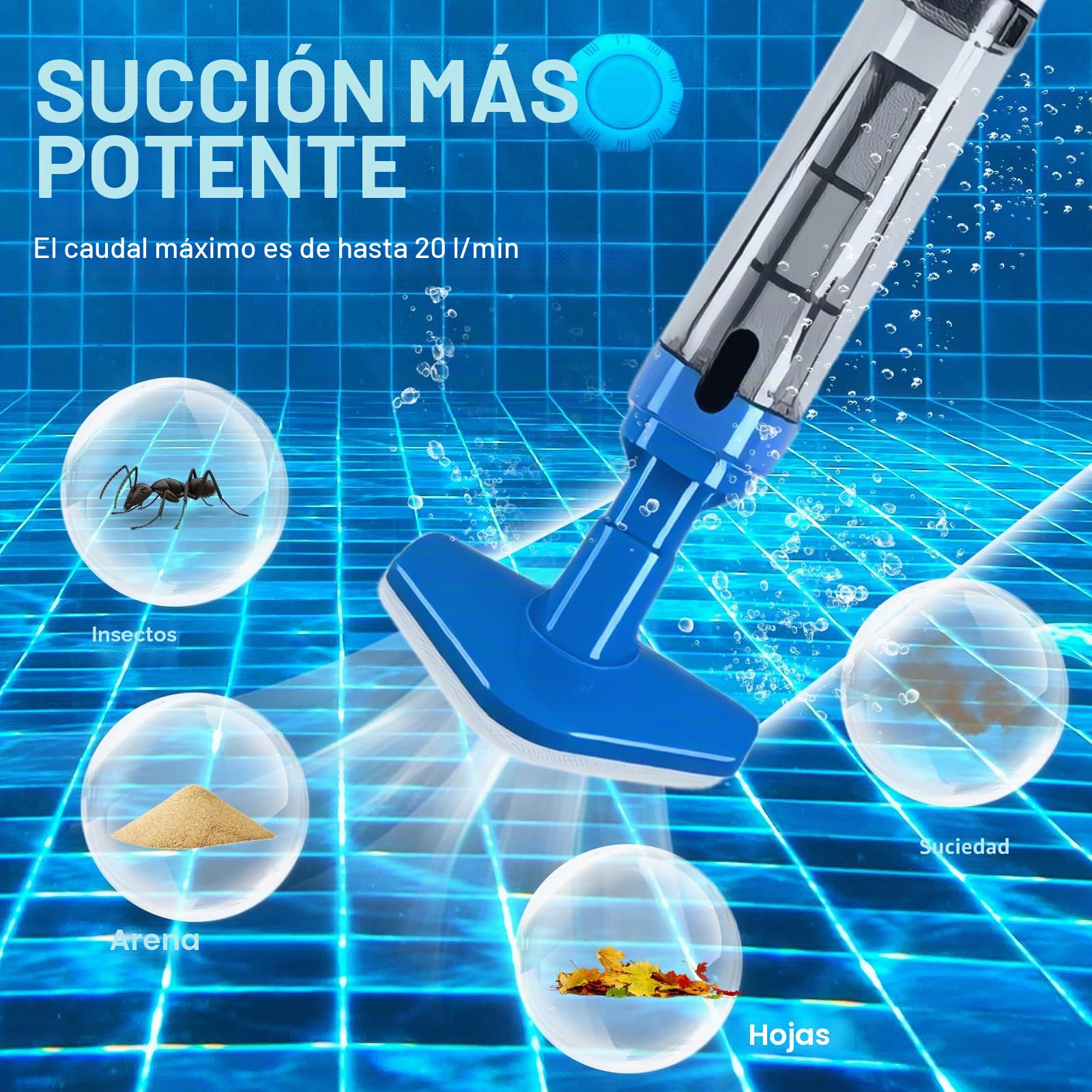 Bostar Aspirador Piscina 3 en 1 con Mango Telescópico 20L/min Caudal de Succión, Limpiafondos de Piscina a Bateria Inalámbrica para Pequeñas SPA Piscina
