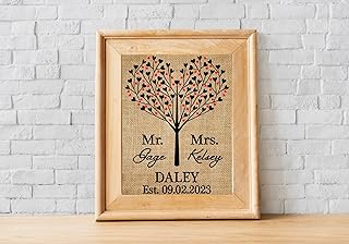 Mr. & Mrs. Personalized burlap art, Mr & Mrs Wedding sign, Heart Tree wedding shower decor with couple name burlap print, Valentine's gifts, Handmade anniversary gift-1Q (Frame and Matte not Included)