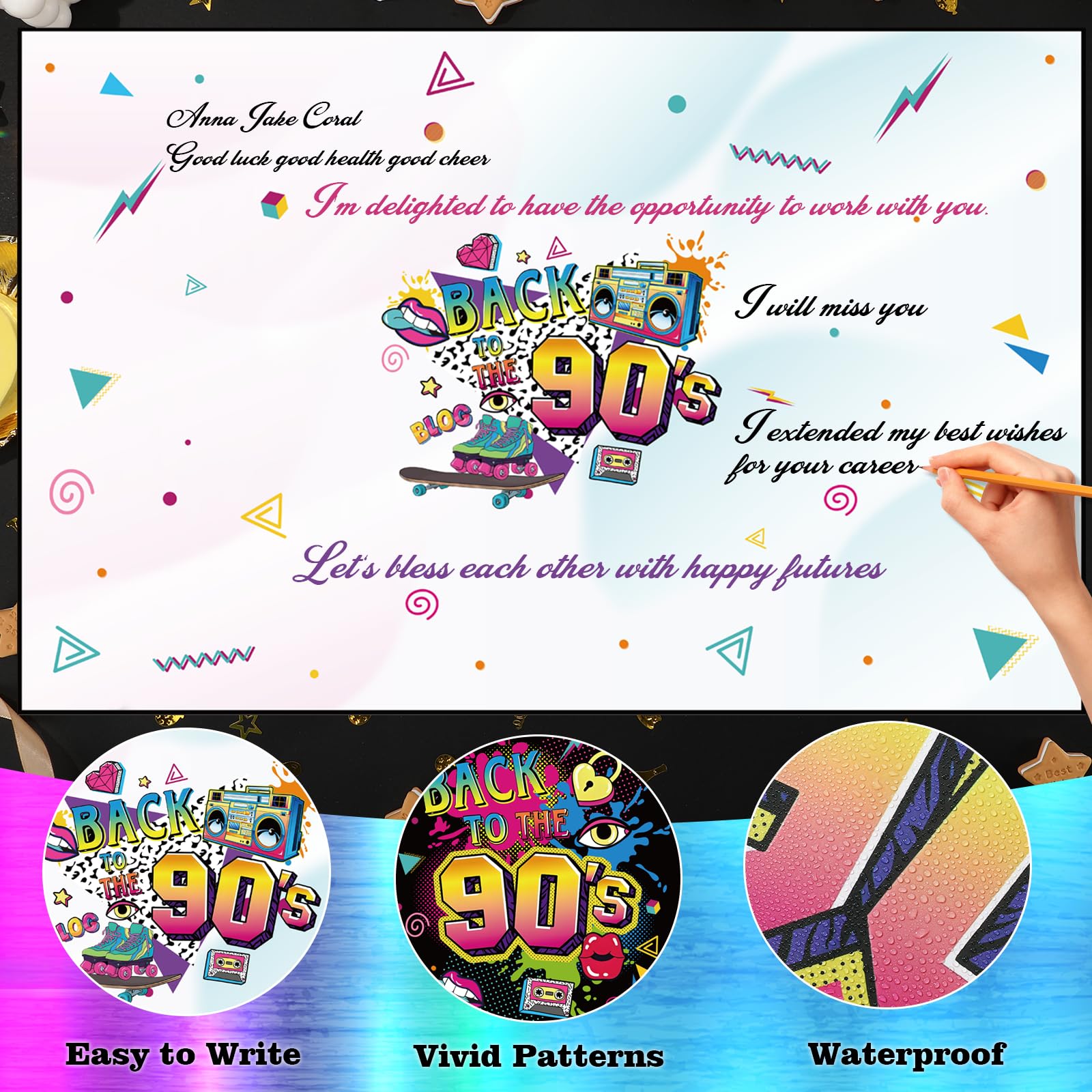Decoraciones de fiesta de los años 90, tarjetas de felicitación con el tema de los años 90, libro de invitados con texto en inglés "I love 90's, decoración divertida de los años 90 para tablero de
