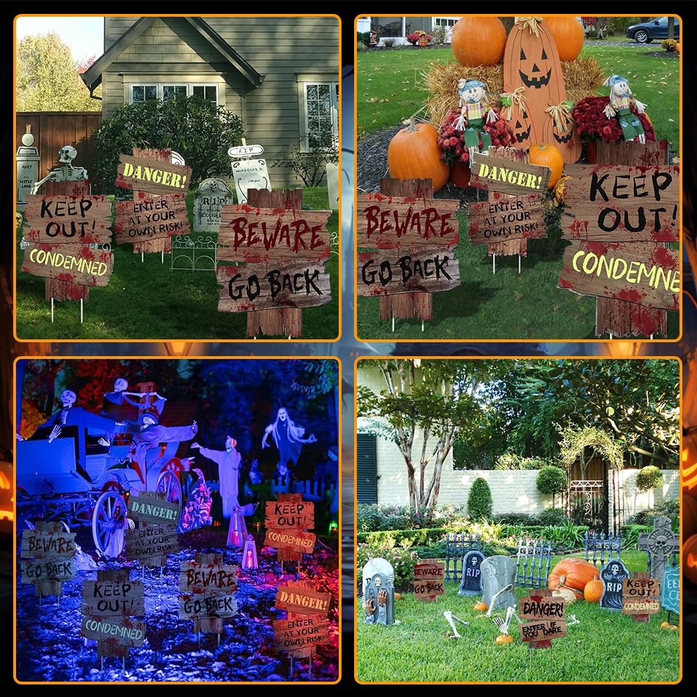 Tabliczki ostrzegawcze na Halloween, 3 sztuki, dekoracja na Halloween, dekoracja z horroru, Helloween, na imprezę, do użytku na zewnątrz, zestaw dekoracyjny ze szpikulcami do wbijania w ziemię,