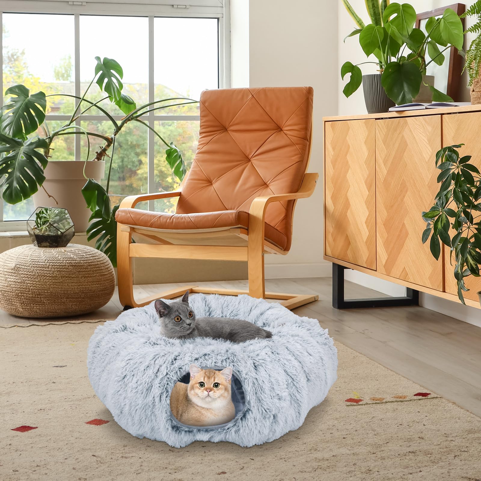 Road túnel para Gatos, Cama Tipo túnel para Gato con Alfombrilla de cojín Donut Forma Circular Plegable extraíble con Agujeros Bolas (Gris, 85 X 26 Cm)