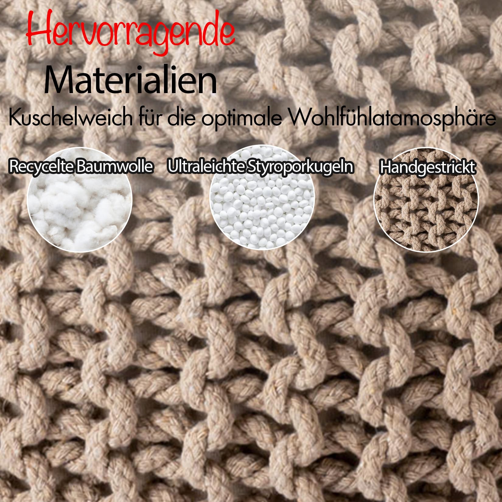 handgefertigter Strickhocker Ø 55cm o. Ø 45cm I Sitzpouf Sitzpuff Bodenkissen Sessel Kissen Sitzhocker Sitzsack - mit eleganter Grobstrick-Optik - Dekoration Interieur (Taupe, Ø 55cm)