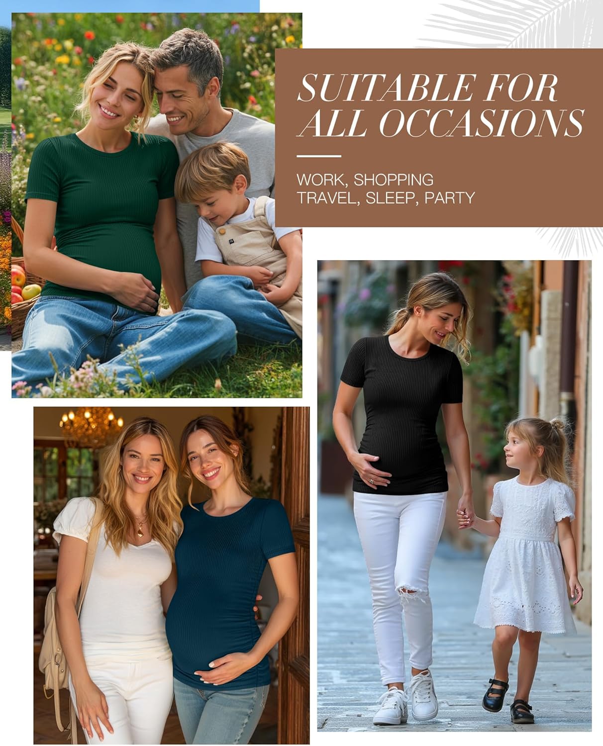 Neer 4 Pack Women's Maternity Shirts Ribbed Short Sleeve Maternity Tops Crew Neck Cotton Tee Side Ruched Pregnancy Clothes - Image 5