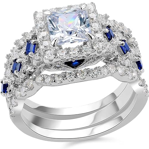 Newshe Jewellery Princess Womens Wedding Ring Set 3PCS Blue Sapphire