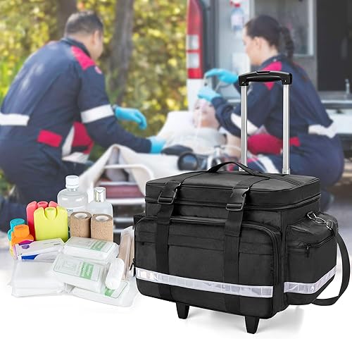 Miniatura 8 de Damero Bolsa médica con ruedas con carrito desmontable, bolsa de equipo médico con bolsas y divisores extraíbles, bolsa de primeros auxilios vacía