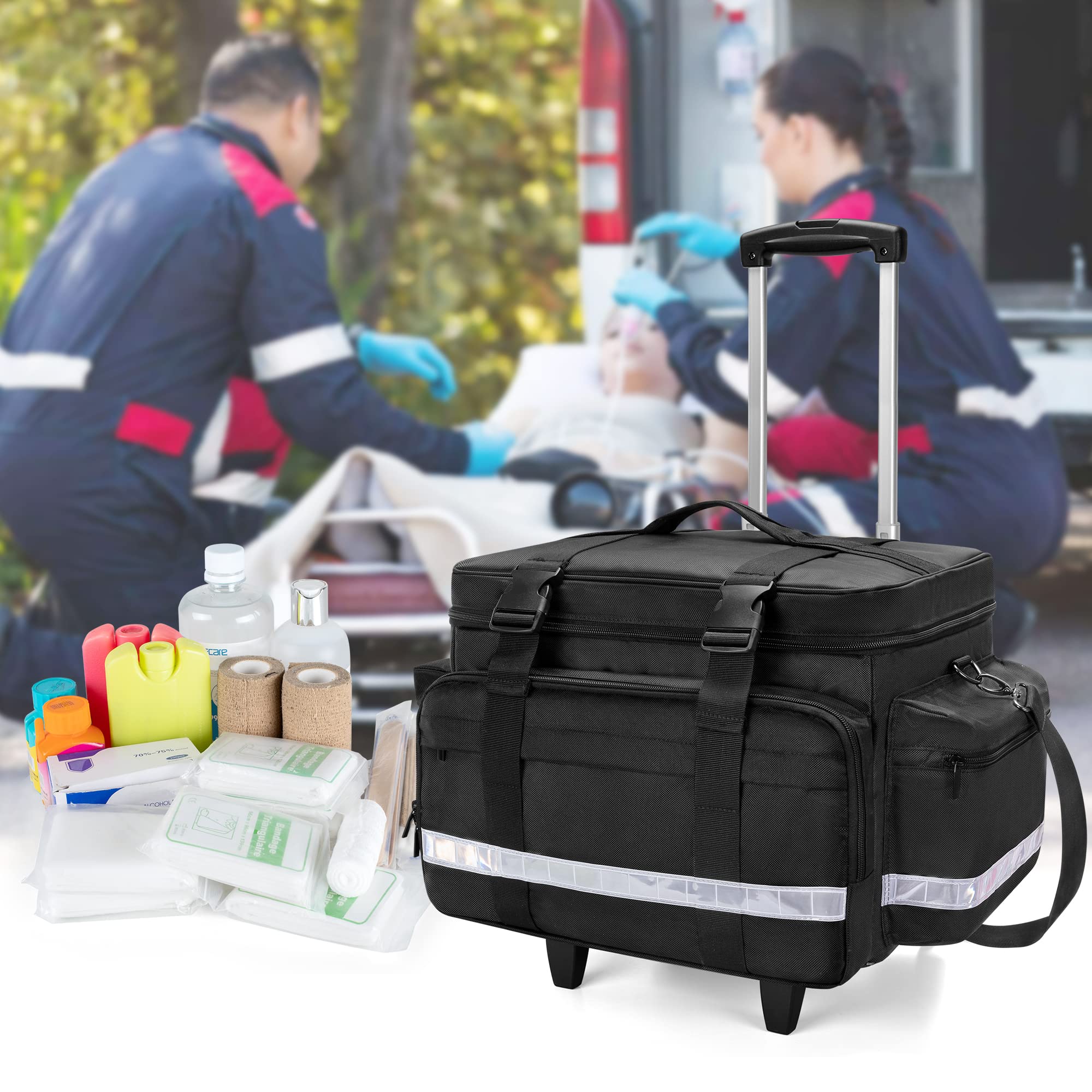 Damero Sac médical avec Chariot Amovible, Sac pour équipement médical avec Poches et séparateurs Amovibles, Sac de Premiers Secours Vide pour infirmières à Domicile, médecins, Noir