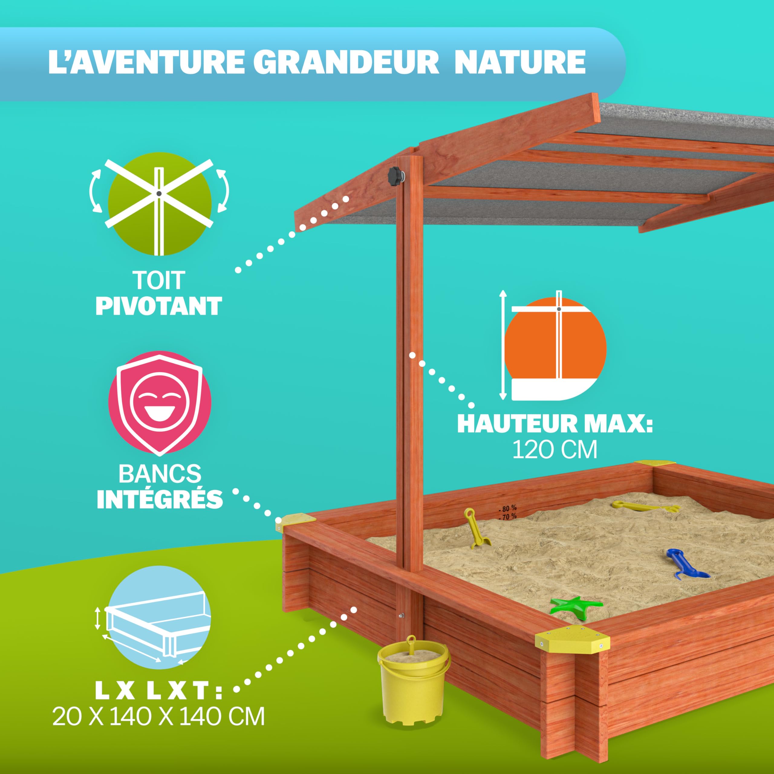 SPIELWERK® Bac à Sable en Bois Max 140x140cm Tapis de Sol Toit réglable Protection UV 50+ Jeu pour Enfants extérieur Jardin