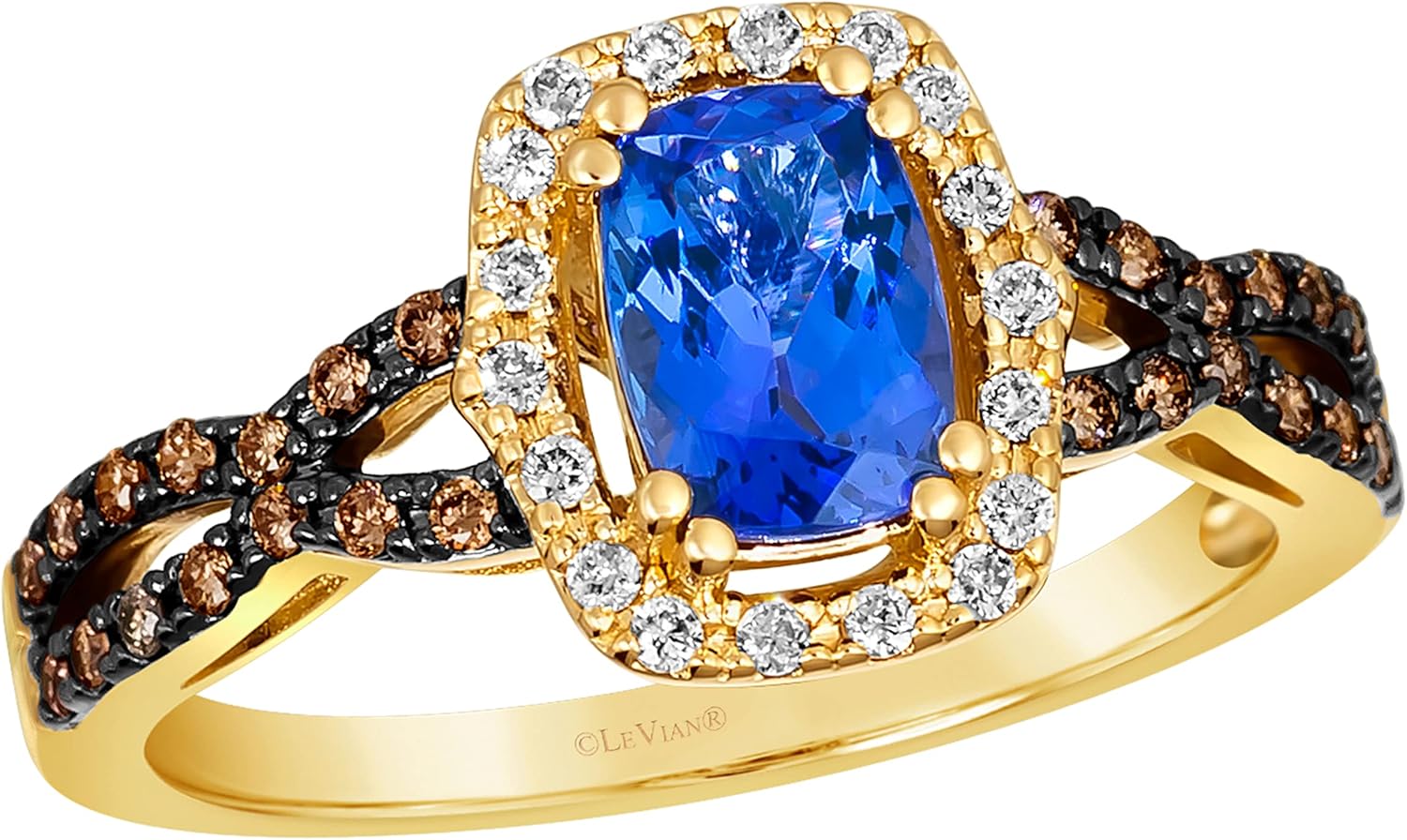 LE VIAN 1/4 Carat White and Chocolate Diamond Infinity Twist Halo Ring for Women I 14k Yellow Gold Ring for Her with 7/8 Carat Cushion Cut Blue Tanzanite (0.27 cttw) Promise Anniversary Band Size 8