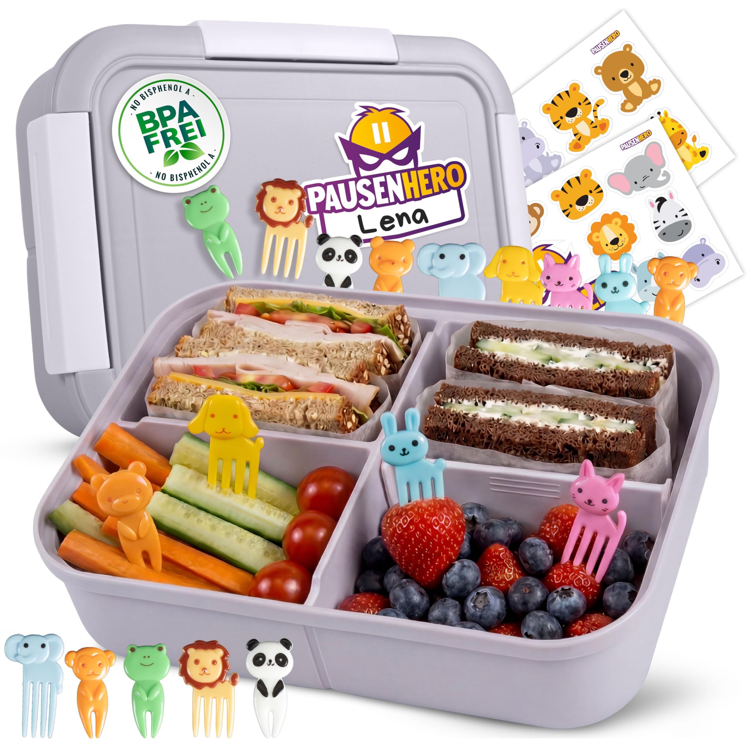 Pausenhero Children's Lunch Box with Compartments [Fruit Forks + Sticker Set Grey] Lunch Box School Snack Box with Compartments Bento Box Children's Lunch Box Adults Bento Box Children's Lunch Box