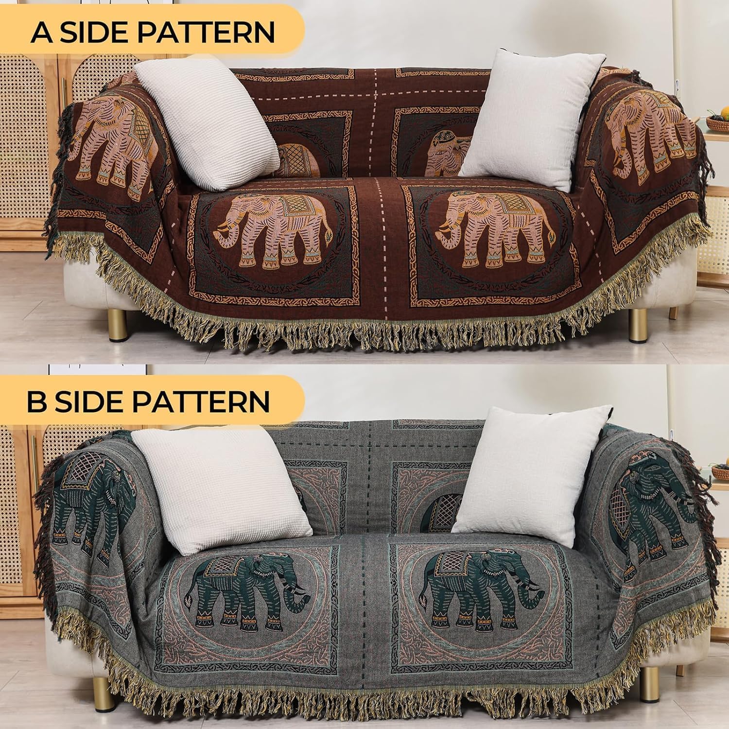 Boho Throw Blanket for Bed with Tassels,100% Cotton Ultra Soft and Cozy Large Blanket Elephant Printed Farmhouse Decor Bed Blankets,90"×98" All Season Rustic Throw for Sofa Couch Chair-Brown