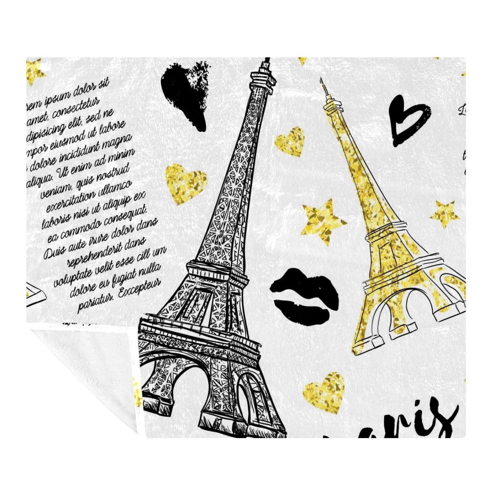 Couverture polaire microfibre 150x130cm dorée avec motif Tour Eiffel
