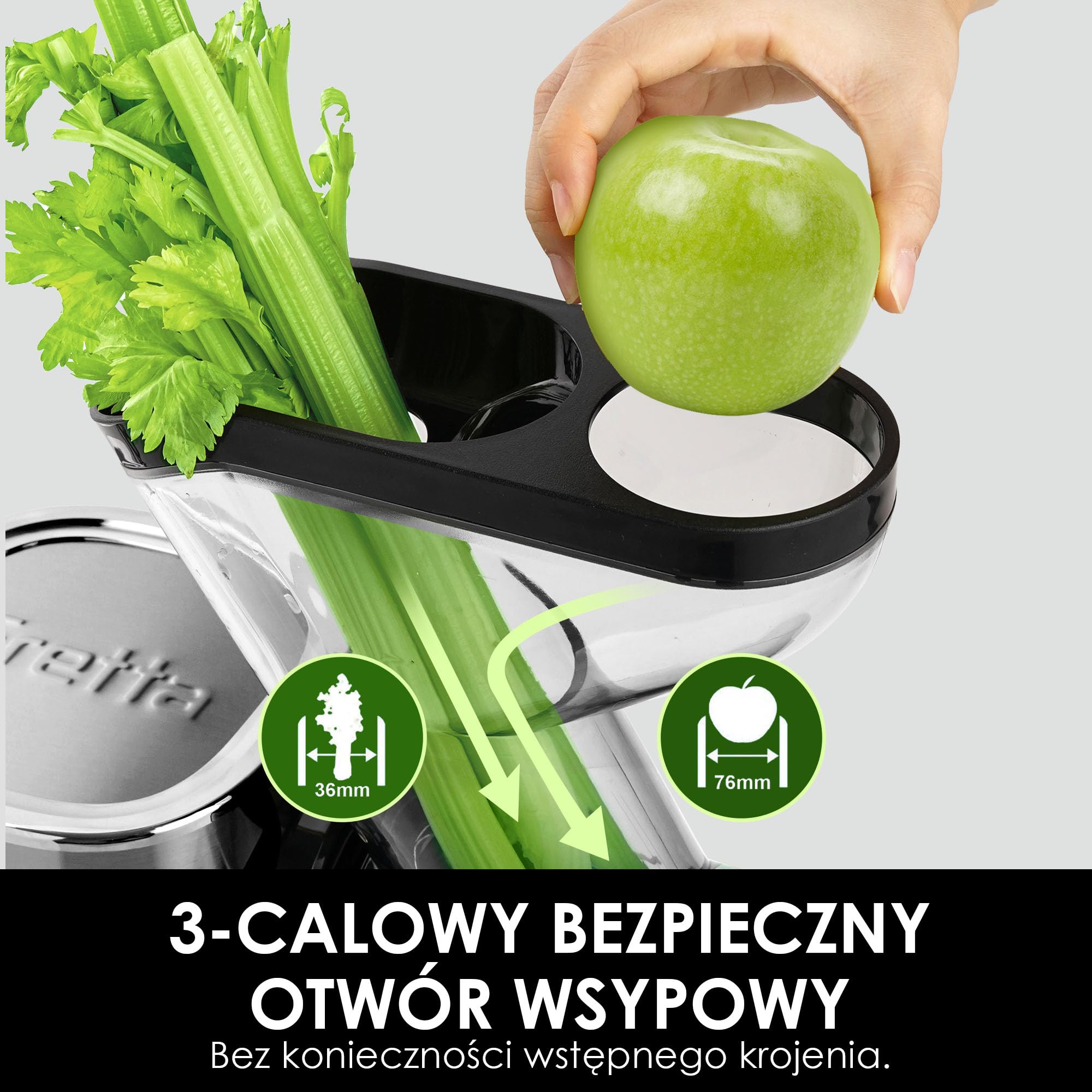 Fretta Wyciskarka Wolnoobrotowa Cold Press - Stal Nierdzewna, Bez BPA, Szeroki Otwór 76mm (brak krojenia), Łatwe Czyszczenie, Moc 200W, Wysoki Wydajność Soku - Do Owoców, Warzyw, Trawy Pszenicznej