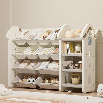 Pipleo Kids Toy Storage Organizer with 12 Removable Bins, Toy Organizers and Storage with 4-Tier Bookshelf for Kids Toy Storage Organizer Beige