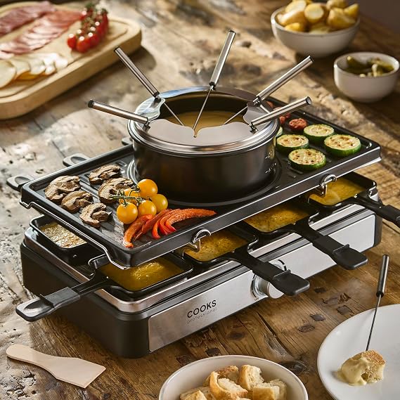 Cooks Professional Electric Raclette Grill & Fondue Set 1400w with Non-Stick Metal Grill Plate, 1L Pot, Mini Pans, Wooden Spatulas, Forks & Adjustable Thermostat for Parties & Group Dining | 8 Person