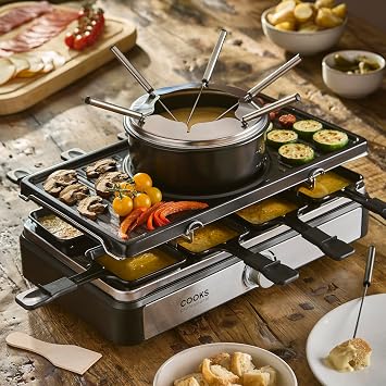 Cooks Professional Electric Raclette Grill & Fondue Set 1400w with Non-Stick Metal Grill Plate, 1L Pot, Mini Pans, Wooden Spatulas, Forks & Adjustable Thermostat for Parties & Group Dining | 8 Person
