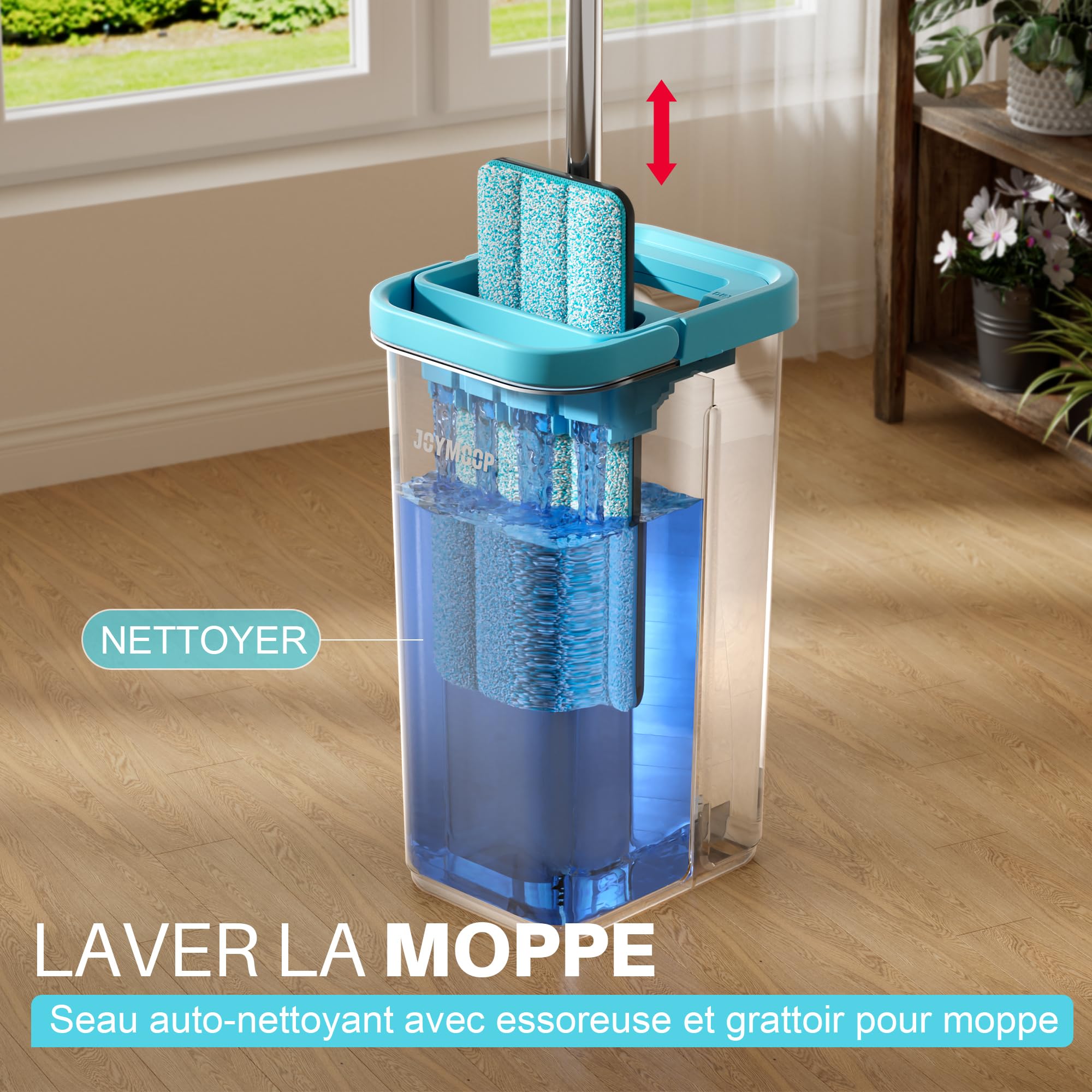 JOYMOOP Ensemble Mopa Et Seau avec Essoreuse, 5 Tampons Microfibre Réutilisables, pour Sols Et Murs, Mopa Mains Libres Usage Domestique - Gris + Bleu Cyan